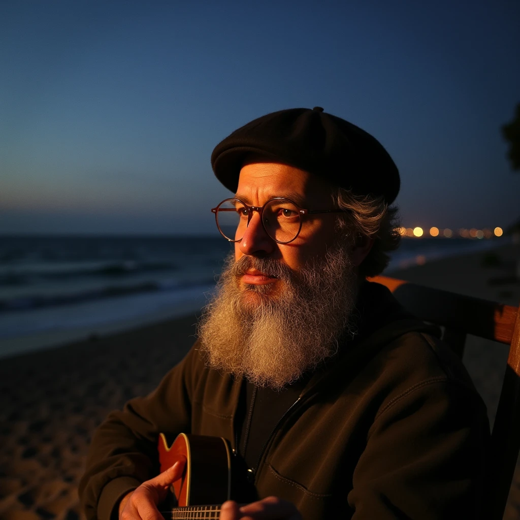 damettaflux001, "Hyperrealistic, almost full-body shot of a 70-year-old man with long, curly white hair and a black beret. His long white beard frames his deeply wrinkled face, small round glasses perched on his nose. He's sitting on a wooden rocking chair on a beach house veranda at night, a guitar by his side. Moonlight softly illuminates the scene, casting long shadows. The serene night ocean in the background, creating a peaceful and rustic atmosphere. Ultra-high-resolution, cinematic lighting, soft chiaroscuro effect."