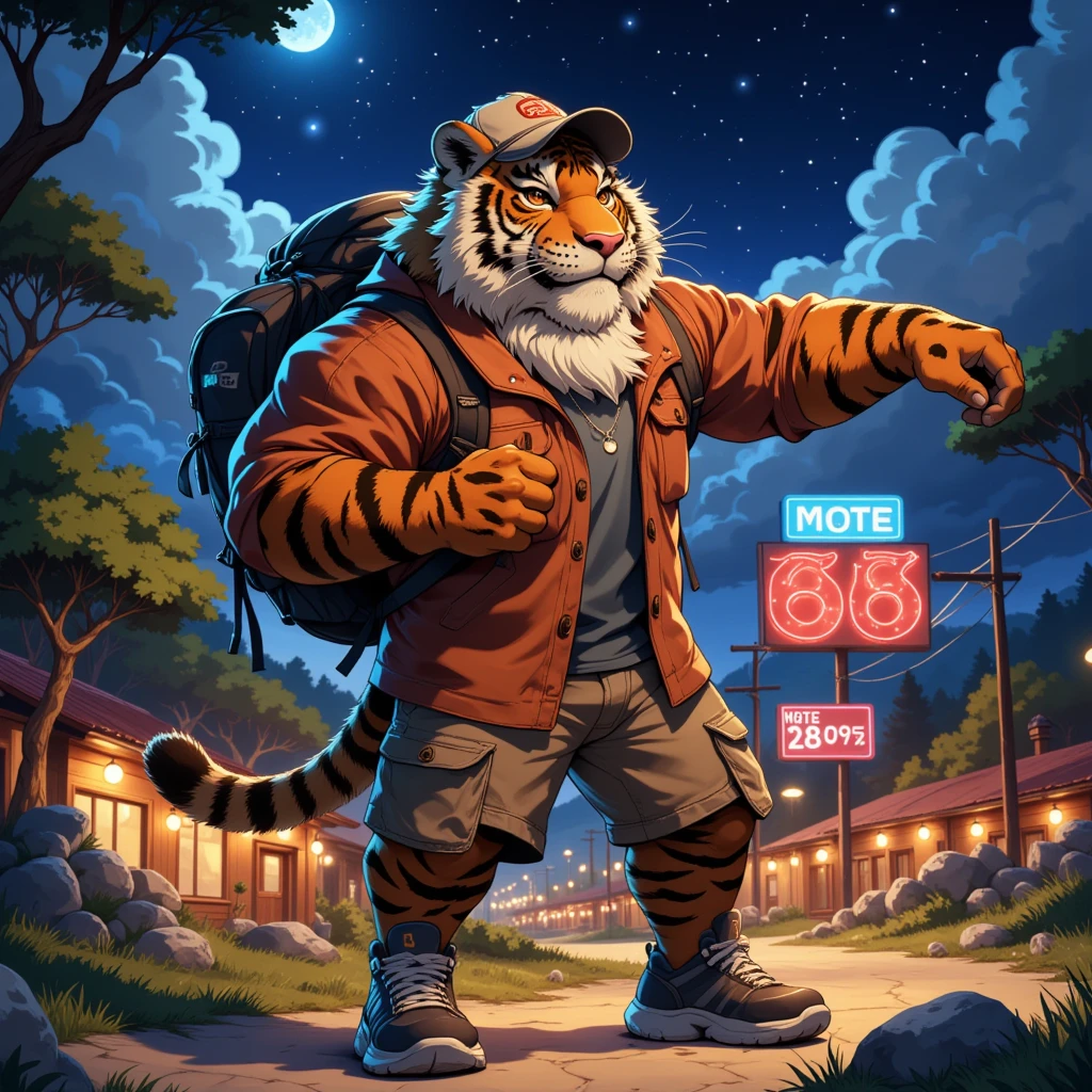 american country, backpacker, muscular middle-aged tiger man, happy, little smile, backpack, baseball cap, costume, jacket, half pants, detailed sneaker, standing, hiking, dynamic pose, quantum electromagnetic life form night sky, location Route 66, motel, path, outdoor, detailed painting landscape, full color HDR, BREAK full body in Michelangelo Buonarroti style, housamo style, digital illustration anime, character focus, full body, looking away, dynamic angle, niji6, niji5, BREAK complete anatomy, perfect proportions, beautiful thigh gap, fluffy body, intricate fur details, beautiful fur texture, BREAK a detailed tiger 1tail, detailed sneaker, beautiful foot, detailed hands, 5fingers, 5fingers nails, BREAK anime face, insanity detailed face, male face, big face, square jawline, anime eyes, detailed brown eyes, detailed brown cornea, detailed dark brown irises, detailed pupils, male eyes, big eyes, male eyebrows, innocent look, beautiful beard, BREAK masterpiece, official art, best quality, very aesthetic, absurdres, super fine illustration, great quality, BREAK noise reduction, very highres, large filesize, high quality, 32K, 8k wallpaper, dynamic lighting, BREAK insanity detailed, ultra detailed, intricate details, extremely detailed, detailed texture, an extremely delicate and beautiful, full color, HDR, BREAK e621 illustration, osukemo, kemohomo, anthropomorphic, furry, harmonious body, pastoral face, virtuous eyes, no signature, american country atmosphere 