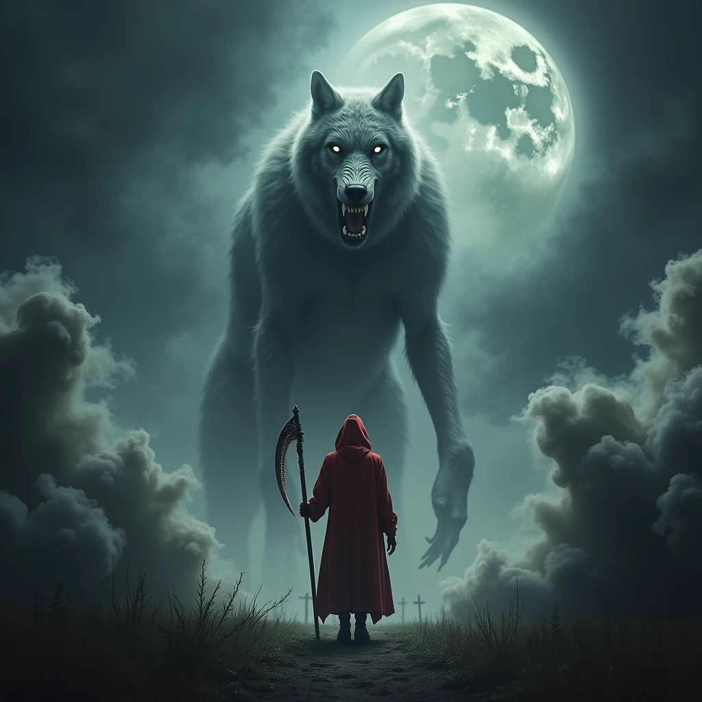 Create a photorealistic, multilayered image with a haunting cemetery scene: a massive, ethereal spirit creature formed from wispy smoke serves as the background, illuminated by an ominous, dark moon. In the middle ground, a transparent grey werewolf with glazed eyes open mouth showing shining white fangs stands firm, exuding a fierce aura. In the foreground, a small  Death figure wears a long red hoodie cloak, grasping a shining scythe, surrounded by swirling, massive smoke and dramatic, high-contrast lighting.