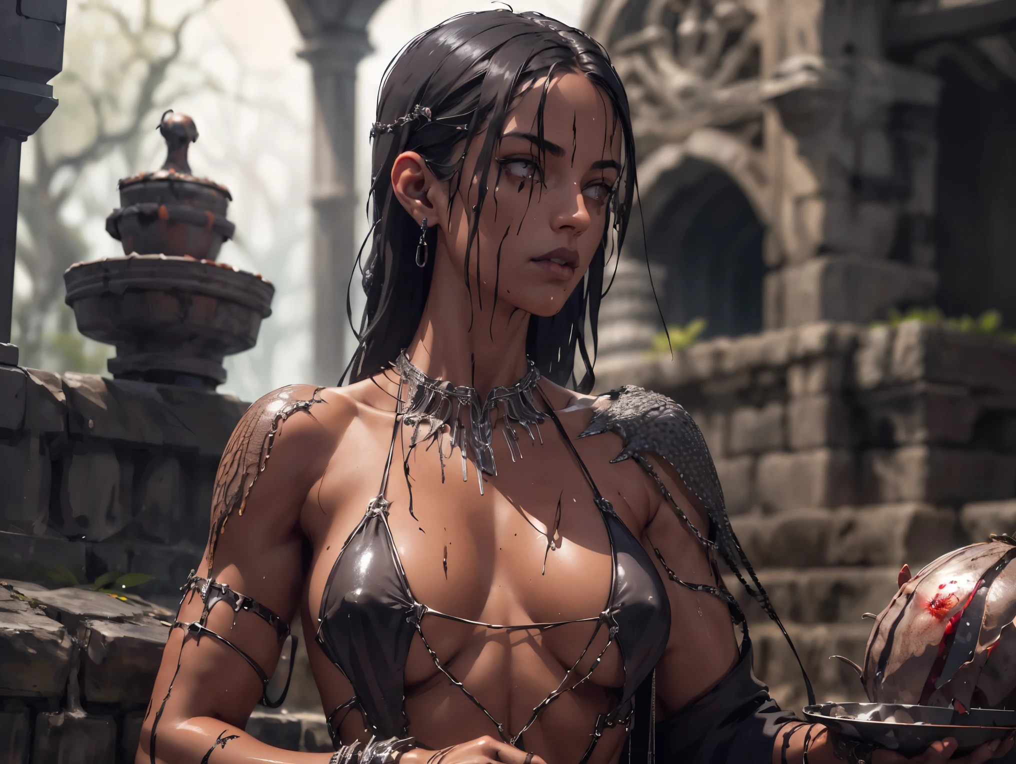 Beautiful Alluring Female Executioner, Bare Skin, Body Covered With grime Sweat and blood, Athletic Well Toned Body, Bare Skin, Inside A Dark Dungeon, Barely Clothed, Chain Bikini, Beautiful Face, Ominous Gothic Theme, Fiverr Dnd Character, Octane Render, Digital Art, Extreme Detail, 4k, Ultra Hd, Polished, Beautiful, Hyperdetailed, Intricate, Elaborate, Meticulous, Photorealistic, Sharp Focus, Wlop, Character Design, Unreal Engine, 3d Rendered, Volumetric Lighting, Reflections, Glossy, Digital Illustration, Sensual Pose, Suggestive Pose