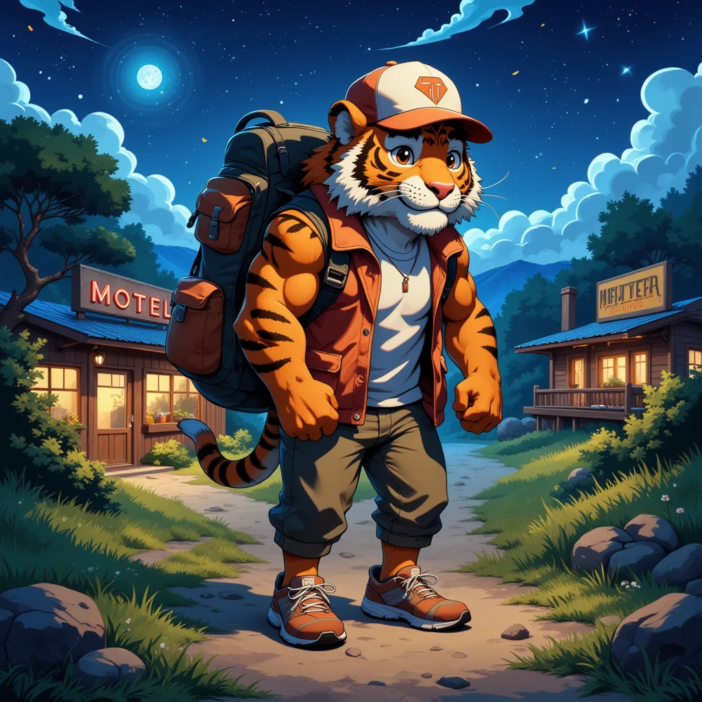 american country, backpacker, muscular middle-aged tiger man, happy, little smile, backpack, baseball cap, costume, jacket, half pants, detailed sneaker, standing, hiking, dynamic pose, quantum electromagnetic life form night sky, location Route 66, motel, path, outdoor, detailed painting landscape, full color HDR, BREAK full body in Michelangelo Buonarroti style, housamo style, digital illustration anime, character focus, full body, looking away, dynamic angle, niji6, niji5, BREAK complete anatomy, perfect proportions, beautiful thigh gap, fluffy body, intricate fur details, beautiful fur texture, BREAK a detailed tiger 1tail, detailed sneaker, beautiful foot, detailed hands, 5fingers, 5fingers nails, BREAK anime face, insanity detailed face, male face, big face, square jawline, anime eyes, detailed brown eyes, detailed brown cornea, detailed dark brown irises, detailed pupils, male eyes, big eyes, male eyebrows, innocent look, beautiful beard, BREAK masterpiece, official art, best quality, very aesthetic, absurdres, super fine illustration, great quality, BREAK noise reduction, very highres, large filesize, high quality, 32K, 8k wallpaper, dynamic lighting, BREAK insanity detailed, ultra detailed, intricate details, extremely detailed, detailed texture, an extremely delicate and beautiful, full color, HDR, BREAK e621 illustration, osukemo, kemohomo, anthropomorphic, furry, harmonious body, pastoral face, virtuous eyes, no signature, american country atmosphere 