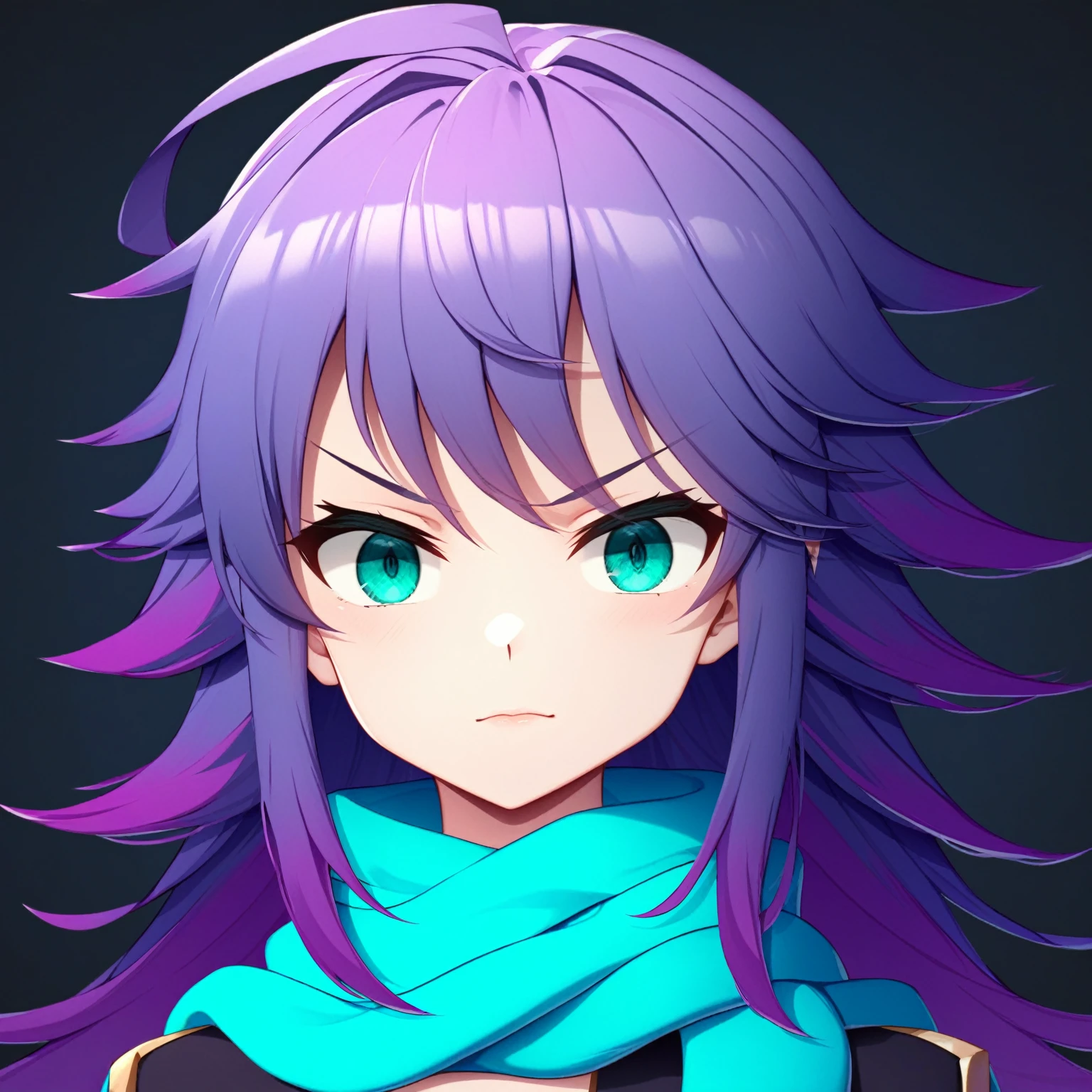 score_9, score_8_up, score_7_up,nsfw,best quality, masterpiece, newest, 4k, uncensored, prefect lighting, rating_explicit, very aesthetic, 1girl,, long purple hair flowing down, teal eyes, determined expression, wearing a teal scarf wrapped around her neck, simple and slightly futuristic outfit, anime-style, focused look, subtle highlights in hair, minimalistic background, wind gently moving her hair, confident and composed atmosphere