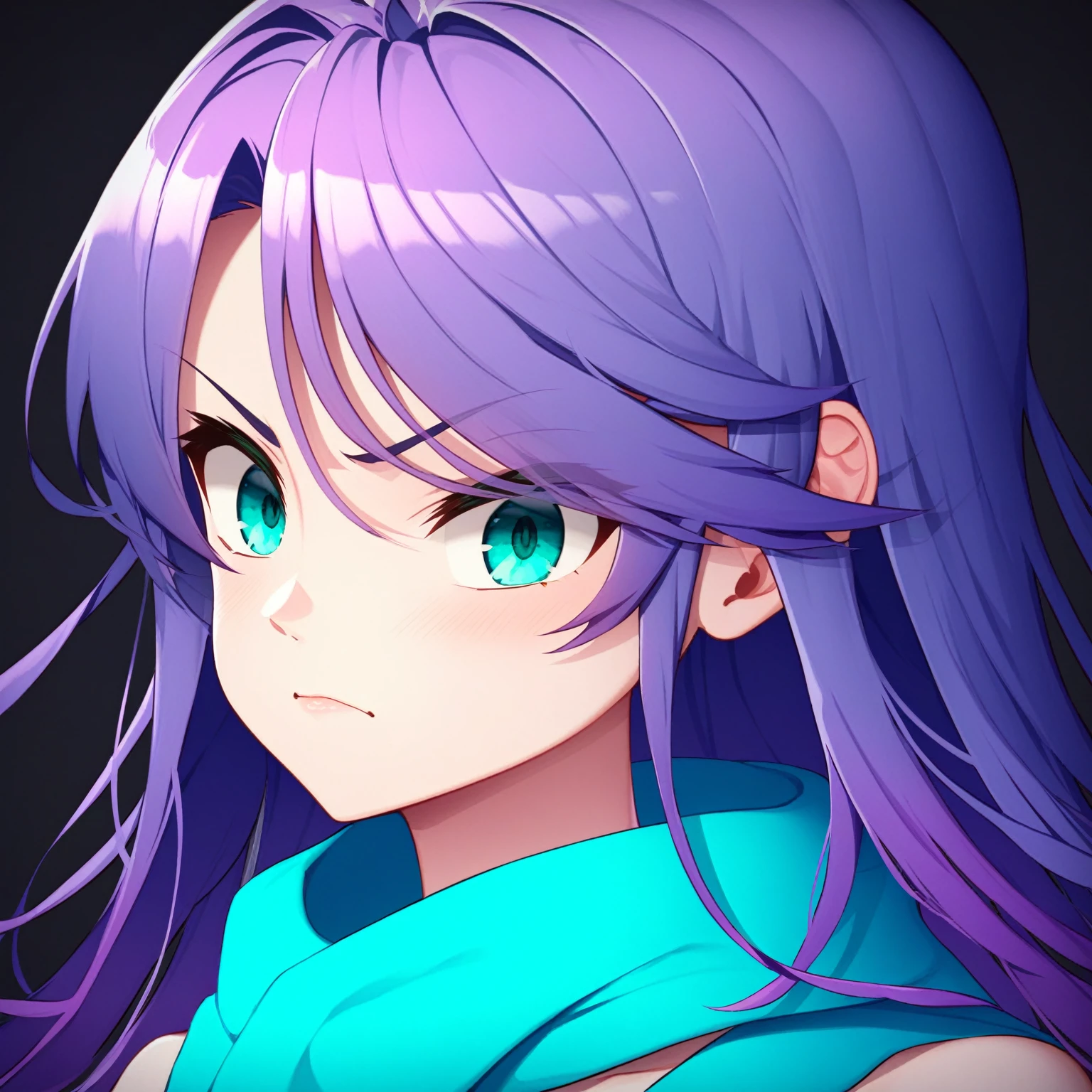 score_9, score_8_up, score_7_up,nsfw,best quality, masterpiece, newest, 4k, uncensored, prefect lighting, rating_explicit, very aesthetic, 1girl,, long purple hair flowing down, teal eyes, determined expression, wearing a teal scarf wrapped around her neck, simple and slightly futuristic outfit, anime-style, focused look, subtle highlights in hair, minimalistic background, wind gently moving her hair, confident and composed atmosphere