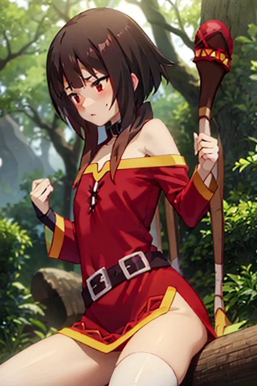 Megumin, vestido rojo, cabello corto, is located in a forest, sitting on a log, crushes a penis with her buttocks, She masturbates with a wooden penis in her vagina, is penetrated, lift your butt, ejaculate inside her, bent legs, open legs, excited, has semen on his face, semen in her hair, blushing