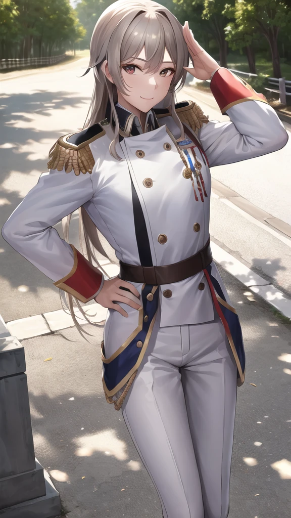 masterpiece, best quality, highres,fel1, military uniform, epaulettes, (white shirt:1.2), white sleeves, long sleeves, white pants, cowboy shot, standing, outdoors, salute, hand on hip, smile