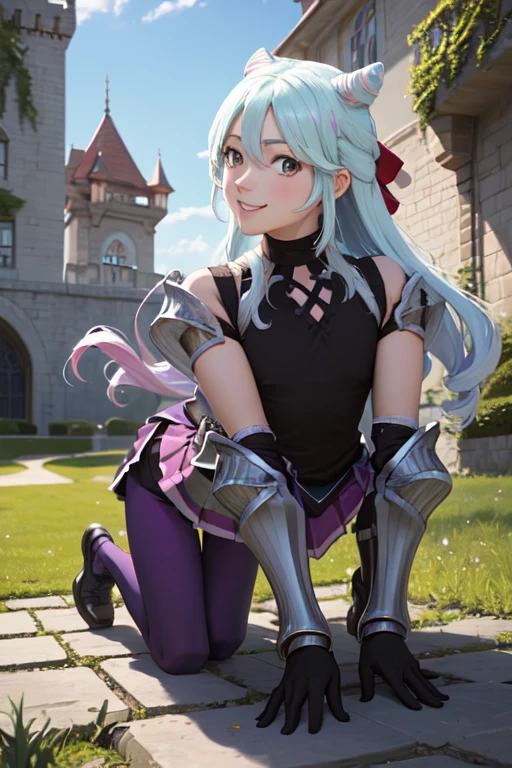 masterpiece, best quality, rosado, otoko no ko, armor, cone hair bun, black gloves, purple skirt, pink leggings, smile, castle exterior, hedges, looking at viewer, on all fours, show ass