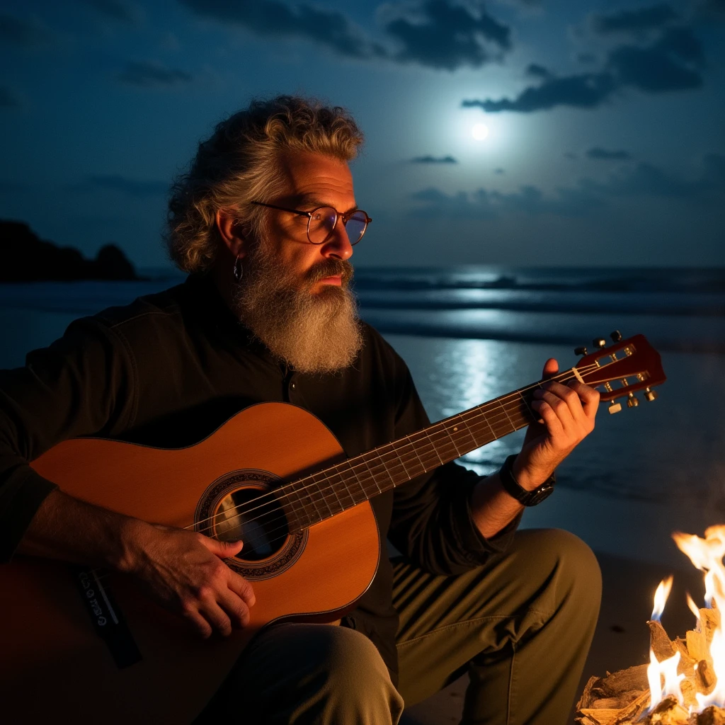 "Hyperrealistic, long curly-haired elderly man without a beret, deeply wrinkled face, long white beard. He is sitting at a nighttime beach bonfire, playing a guitar, intently gazing at the instrument while strumming. The flickering flames cast warm highlights on his face and beard, blending with the cool moonlight reflecting off the ocean waves. Ultra-detailed scene, serene and reflective, showcasing the intimacy of the moment. High-resolution, cinematic lighting, soft chiaroscuro, capturing the atmosphere of solitude and nostalgia by the fire."