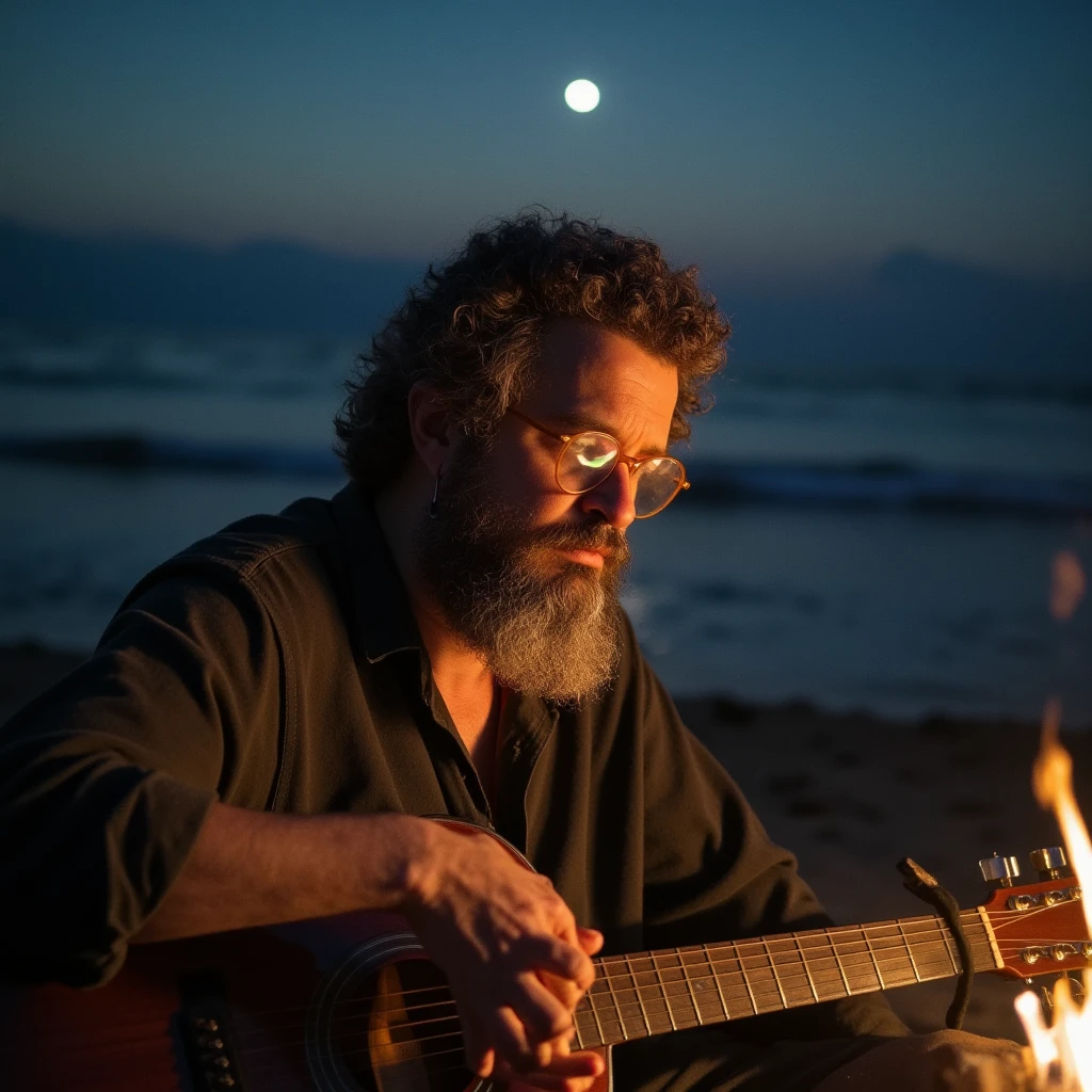 "Hyperrealistic, long curly-haired elderly man without a beret, deeply wrinkled face, long white beard. He is sitting at a nighttime beach bonfire, playing a guitar, intently gazing at the instrument while strumming. The flickering flames cast warm highlights on his face and beard, blending with the cool moonlight reflecting off the ocean waves. Ultra-detailed scene, serene and reflective, showcasing the intimacy of the moment. High-resolution, cinematic lighting, soft chiaroscuro, capturing the atmosphere of solitude and nostalgia by the fire."