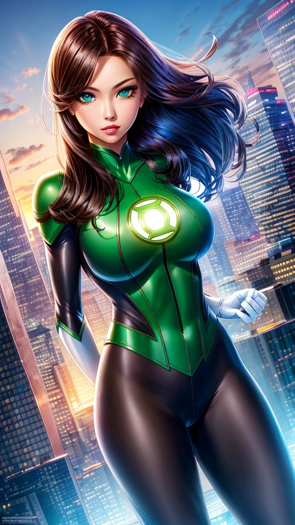 masterpiece, best quality, 1girl, black hair, blue eyes, green lantern costume, white gloves, cityscape background
