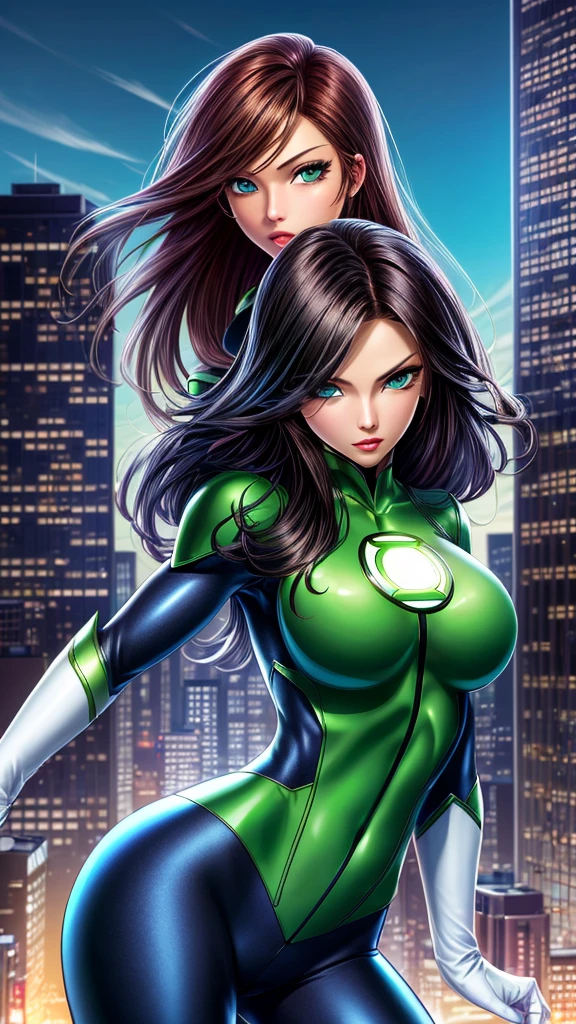 masterpiece, best quality, 1girl, black hair, blue eyes, green lantern costume, white gloves, cityscape background
