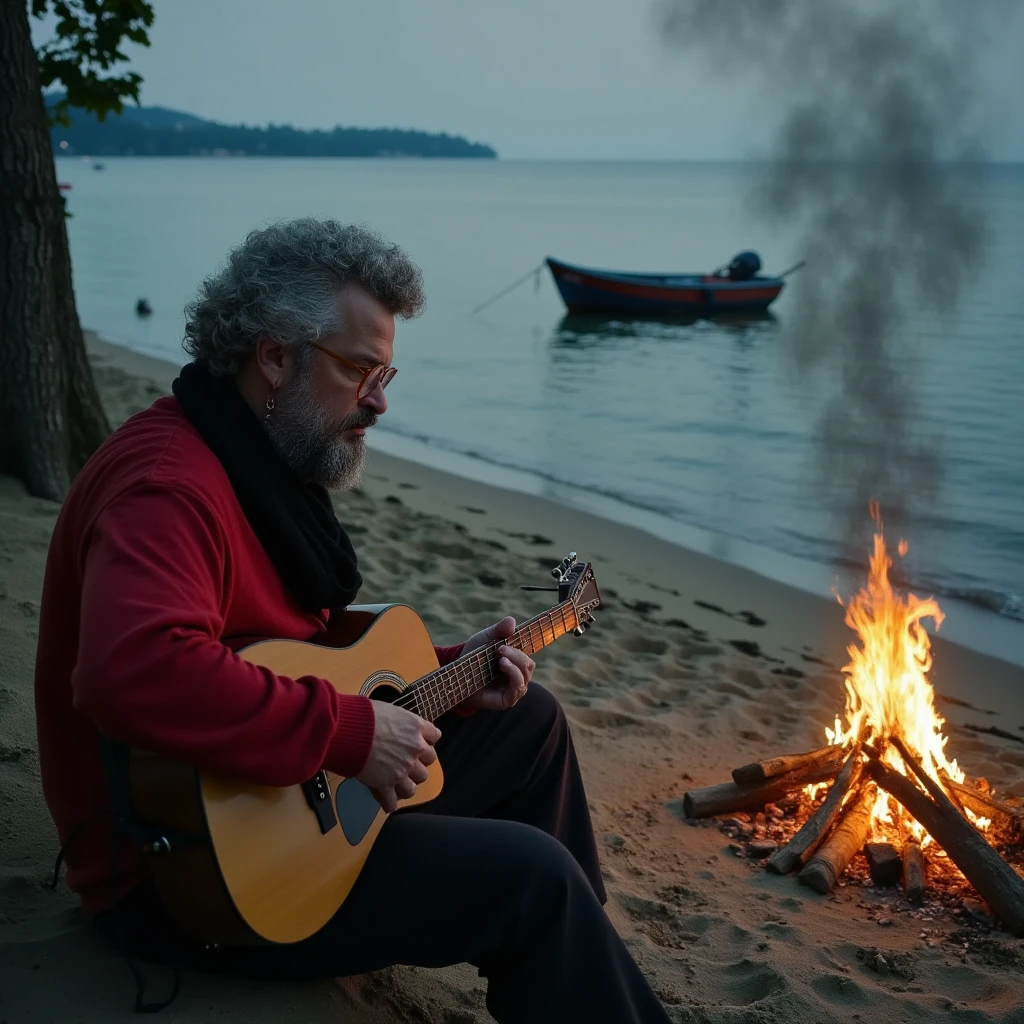 "Hyperrealistic, elderly man with long curly white hair, wearing a black scarf and a red wool sweater. He is sitting by a beach bonfire at night, gently playing his guitar, deeply focused on the instrument. The flickering firelight and soft moonlight reflect off the ocean, illuminating the peaceful scene. In the background, a fishing boat floats quietly on the water, adding to the serene coastal atmosphere. Ultra-detailed, cinematic lighting, with intricate textures on the man's clothing and the natural beach environment."