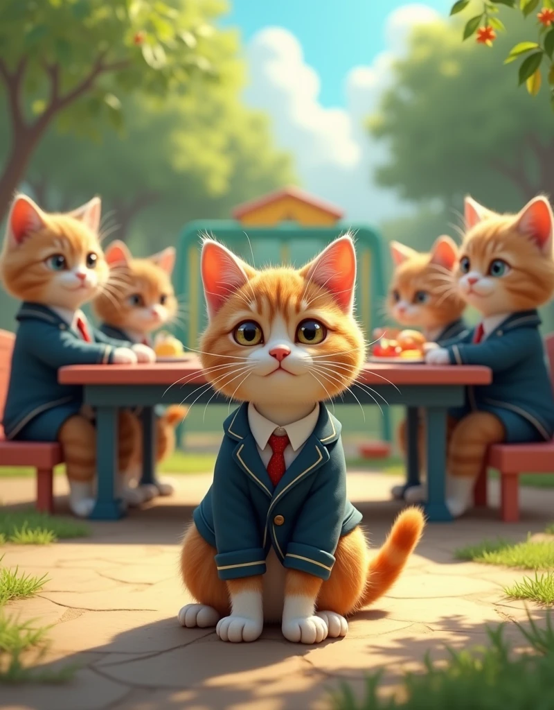 The cat is at your school playground around the other cats are all in school uniforms sitting at the table having lunch 