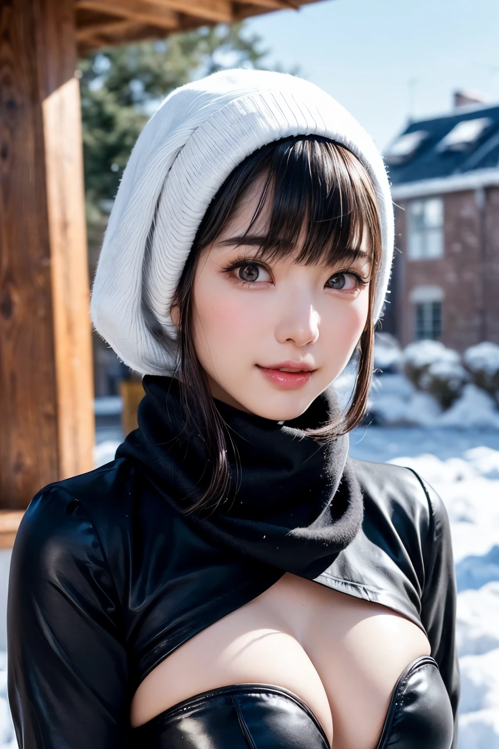 pieces fly, highest quality, (highest quality、8k、masterpiece:1.3)、ultra high resolution、Physically based rendering、(realistic:1.37)、完璧な体の美しいtwo women:1.4、slim belly:1.2、Highly detailed face and skin texture、 red cheeks、white skin、thin waist,thin legs、highest quality,very beautiful 20 year old girl, (cute:1.2),perfect shiny skin,((Accurate hand without discomfort)), brown hair,(short bob hair),(((upper body nude)))、big smile、(((stand on a snowy mountain)))、(((two women)))、necklace、(black round glasses)、((Cheb looks))、(black mini skirt)、(((black leather jacket)))、((I can see your nipples))、((garter belt))、((black leather long boots))、((american police hat))