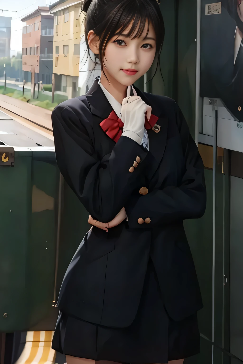 (masterpiece:1.2, Best Quality:1.2), 32K HDR,  Kampala, (Alone、 1 girl)、（Rooftop of a building during the day、 professional writing）、Building rooftop background、（JR WOMAN TRAIN CREW UNIFORM BLACK
 Real style ）、（ JR woman train crew uniform black black long sleeve jacket、、White blouse、Scarf on chest、JR woman train crew Uniform blackの黒の巻きキュロットスカート）、 dark brown hair throughout the church、（Hair tied up、 bun hair ）、 dark brown hair throughout the church、Long Hit、Big Breasts、Thin legs、（（Great hands：2.0）），（（Harmonious body proportions：1.5）），（（Normal limbs：2.0）），（（Usually refers to：2.0）），（（Delicate eyes：2.0）），（（Normal eyes：2.0））)、smile、（JR woman train crew Uniform blackの黒の巻きキュロットスカートを身につけた美しい姿）、Hands clasped underneath