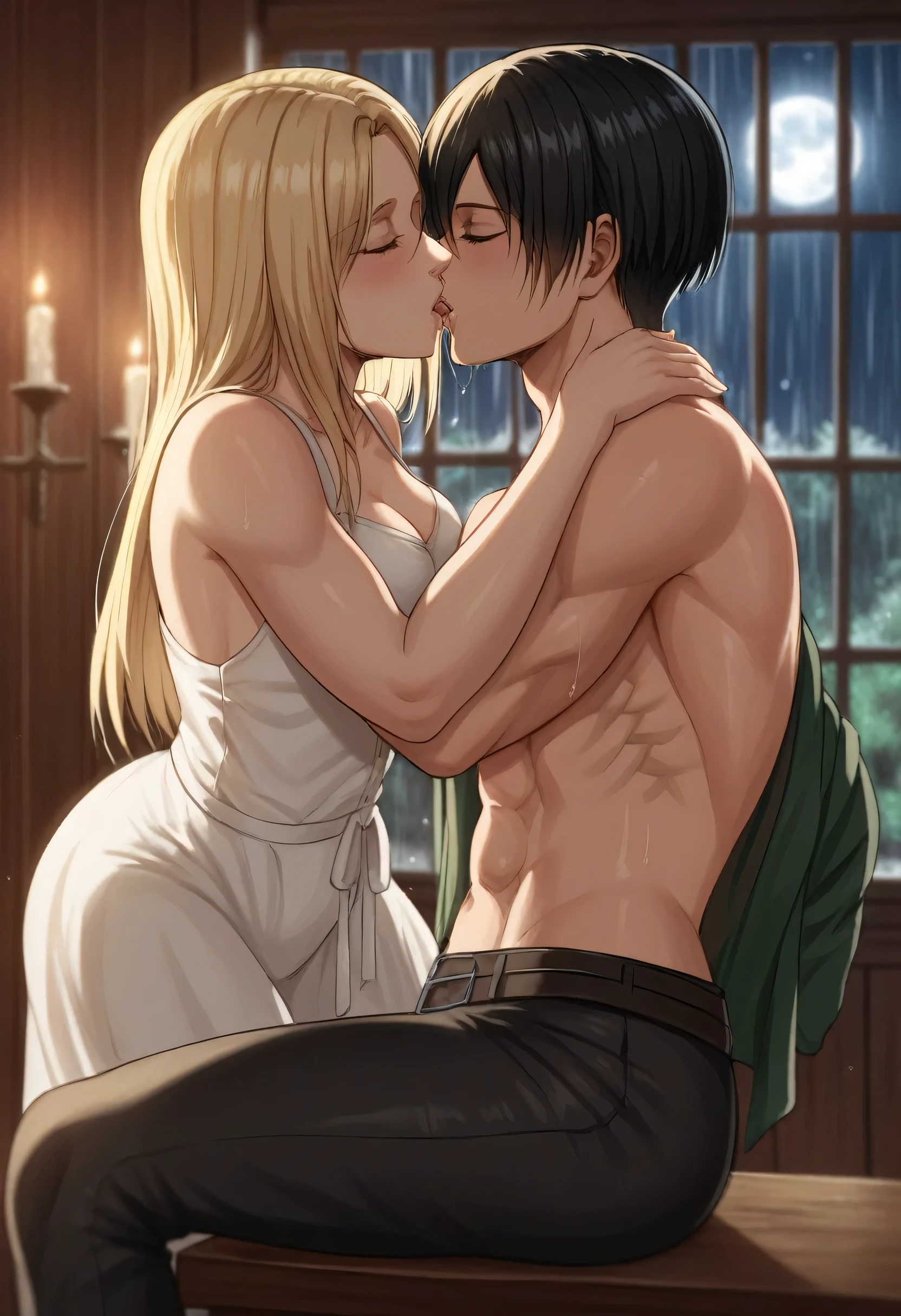 score_9, score_8_up, score_7_up, BREAK source_anime, historia reiss, blue eyes, blonde hair, long hair, medium breasts, long white dress sleeveless,female black hair soldier hugs historia,Mikasa with historia hugs,mikasa wreanig open green jacket and black combat pants,Mikasa female with short hair,mikasa female medium breasts,eyes closed,in night,moon in sky,mikasa final season,mikasa,Mikasa hugs historia،mikasa femboy,mikasa final season,historia blonde hair,hugs and kissing,mikasa carrying historia and kissing her,Mikasa lifts Historia up and kisses her.in middle night,raining outside,mikasa final season,girls kissing,girl×girl,lesbians,yuri,romantic wallpapers,historia sitting on mikasa and kissing her,Mikasa in both hands touch historia ass, raining outside  room,mikasa final season design,character's from season 4,historia plush while kissing mikasa,one of Historia hands touch mikasa abs,romantic kissing,mikasa abs appear in her open jacket,historia blonde long hair skinny and soft and cute body,mikasa lean muscles body,mikasa pixie cut hairstyle,perfect generates,mikasa six-pack appearance,inside room,candle light in room,Drool thread after breakup kissing,shadows on character's,historia her hands hugs mikasa neack tight, mikasa pelvic muscles appear,wallpaper appear all characters 