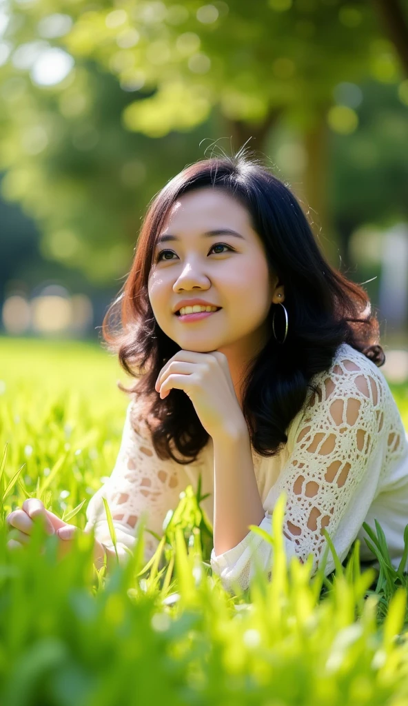 A serene image captures a young woman lying gracefully on a bed of soft, green grass. Her relaxed posture and peaceful expression reflect a moment of quiet contemplation. The sunlight filters through the trees, casting gentle shadows, while the vibrant grass and delicate details of her hair create a harmonious connection with nature.