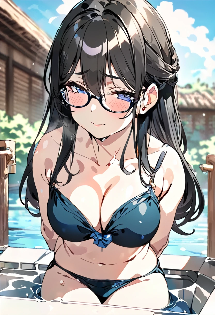 (  highest quality ,4K, High resolution ,super detailed),girl,sweet and innocent,black hair,wearing glasses,,Soaking in an outdoor bath