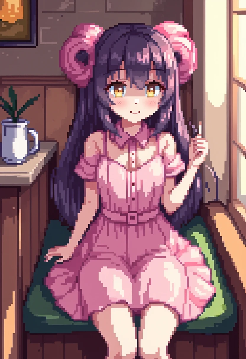 8K、highest quality、Coffee shop、girl、Dark purple hair、Twin tails、Big pink ribbon、Delicate face、smile、Beautiful little eyes、Blushed face、Pink maid outfit、Beautiful feet、Captivating thighs、Big :1.8、Big Ass:5.5、 Narrow waist、Beautiful curves、Glowing Skin、Fair skin、Carrying coffee、