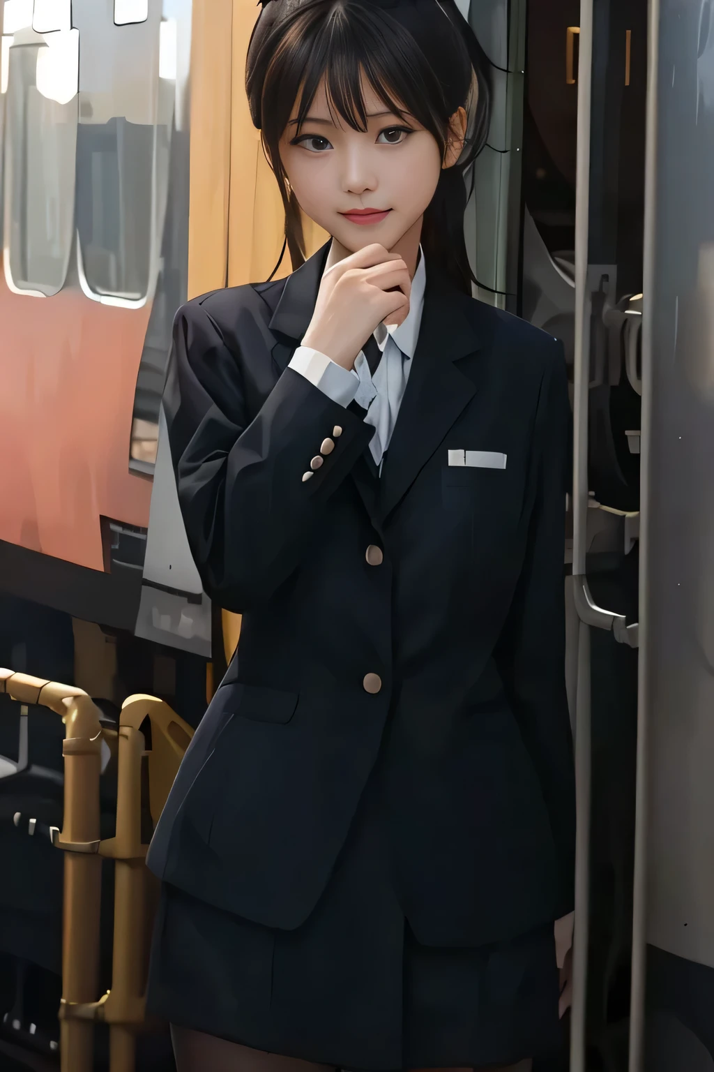 (masterpiece:1.2, Best Quality:1.2), 32K HDR,  Kampala, (Alone、 1 girl)、（Rooftop of a building during the day、 professional writing）、Building rooftop background、（JR WOMAN TRAIN CREW UNIFORM BLACK
 Real style ）、（ JR woman train crew uniform black black long sleeve jacket、、White blouse、Scarf on chest、JR woman train crew Uniform blackの黒の巻きキュロットスカート）、 dark brown hair throughout the church、（Hair tied up、 bun hair ）、 dark brown hair throughout the church、Long Hit、Big Breasts、Thin legs、（（Great hands：2.0）），（（Harmonious body proportions：1.5）），（（Normal limbs：2.0）），（（Usually refers to：2.0）），（（Delicate eyes：2.0）），（（Normal eyes：2.0））)、smile、（JR woman train crew Uniform blackの黒の巻きキュロットスカートを身につけた美しい姿）、Hands clasped underneath