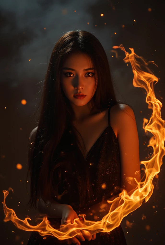  A very beautiful girl who plays the role of a witch whose eyes light red when the magic of fire is applied, Dark Stage , Magic Particles, Full body photography,  dynamic poses, Burning Flames,, , score_9,  score_8_up,  score_7_up,  score_6_up,, ,masterpiece,  best quality ,  intricate detail,