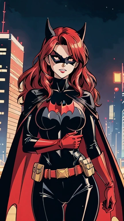 (1girl, Batwoman,person), (extremely detailed CG unit 8k wallpaper),(master part), (best quality), (ultra detail), (best illustration),(1980s_style), cowboy shot, (Sharp eyeliner, ombre, detailed eyes:1), midnight, neon light city background, ,break , (city-scene-aso), red gloves, clothing, cape, gloves, lipstick, solo, mask, female, red cape, bodysuit, utility belt, black bodysuit, pouch, breasts, red hair, bat (animal), teeth, red belt, bat claw, long hair, pointed arm accessory, costume, makeup,