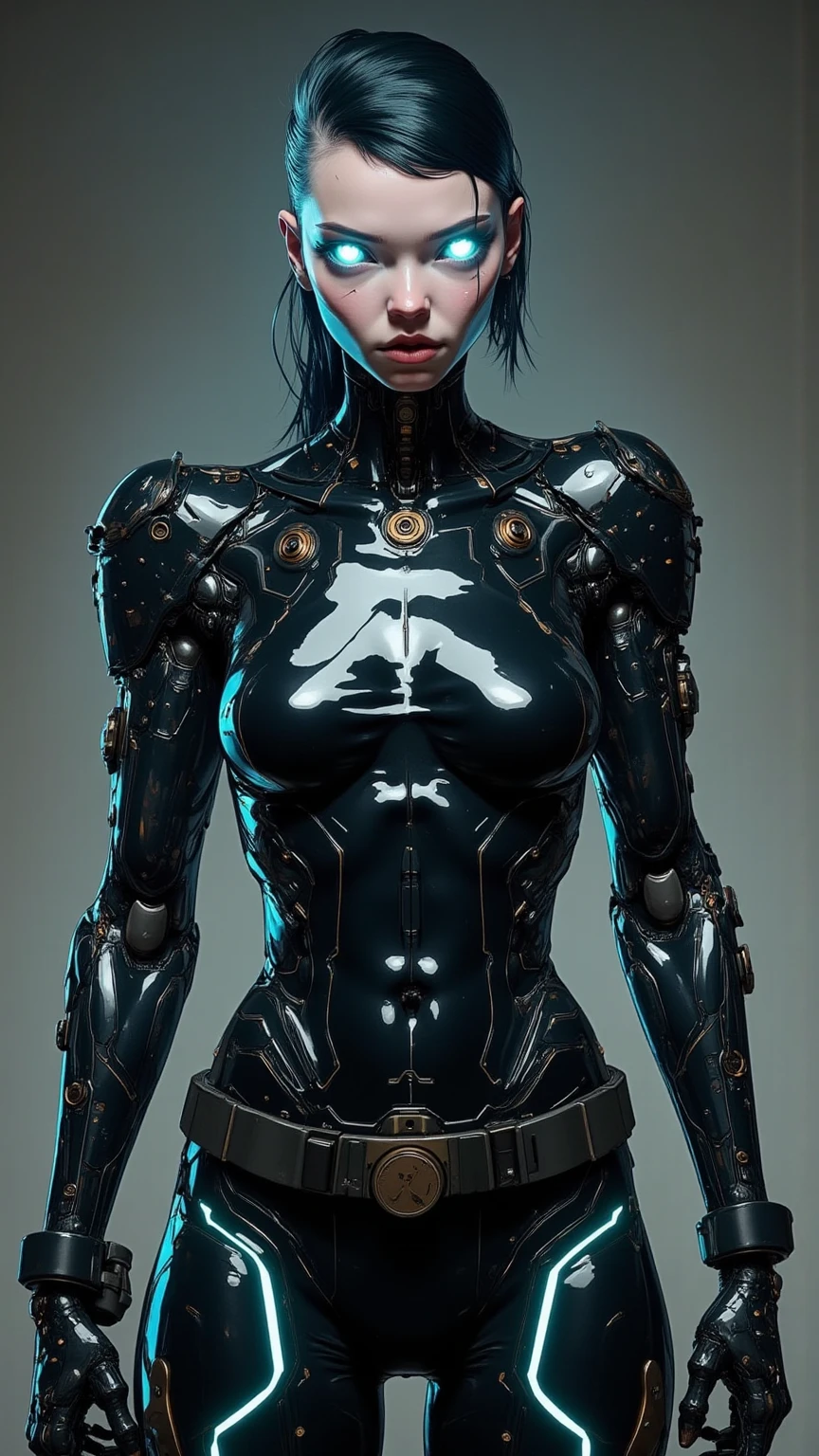 Cyborg woman full body mechanic parts composed and made by dreamlike elements, very detailed futuristic high technology, cyberpunk, artwork Jeremy Mann, at night, deep grey blue, royal blue, black blue and golden yellow, 4D, 8K, photorealistic, dreamlike, big and complex composition storytelling, masterpiece, Impressionism