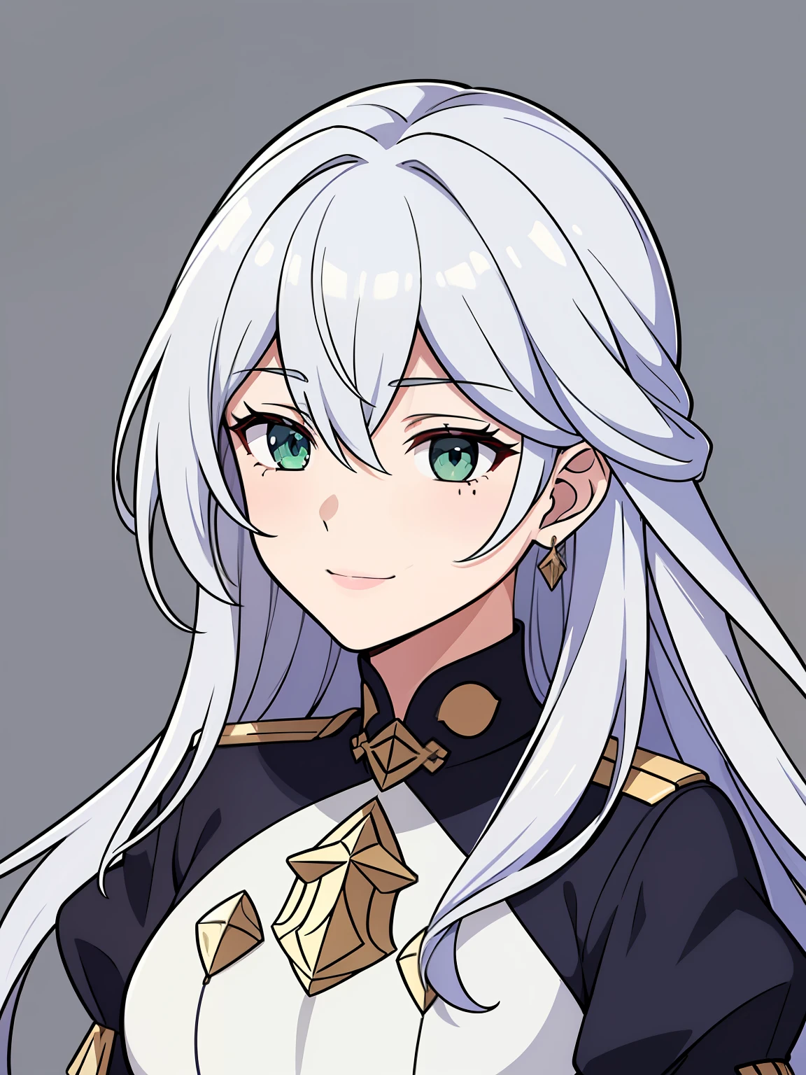 (high-quality, breathtaking),(expressive eyes, perfect face) 1girl, female, portrait, solo, young adult, neutral expression, cute smile, Symmetrical Eyes, Symmetrical ears, grey background, long hair, wavy spiky hair, fire emblem three houses art style, fe3h, white hair, green eyes, gmuniform, Garreg Mach Monastery Uniform
