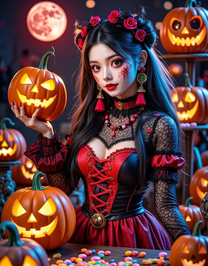 photography style, RAW photo of HalloweenGlowStyle magenta shirt, (Masterpiece:1.3) (Best quality:1.2) (High quality:1.1) ，landscape: Reine des morts, full bodyesbian, Halloween palace in the valley, The theme of Halloween is spectacular、iintricate，detail-rich, Surreal，Red Moon，((DreamlikeArt：all I see is an eye))，1girll，Sit on the pumpkin head，Holding a pumpkin head in his hand，Pumpkin Head's eyes emit flames, Realism, photograph