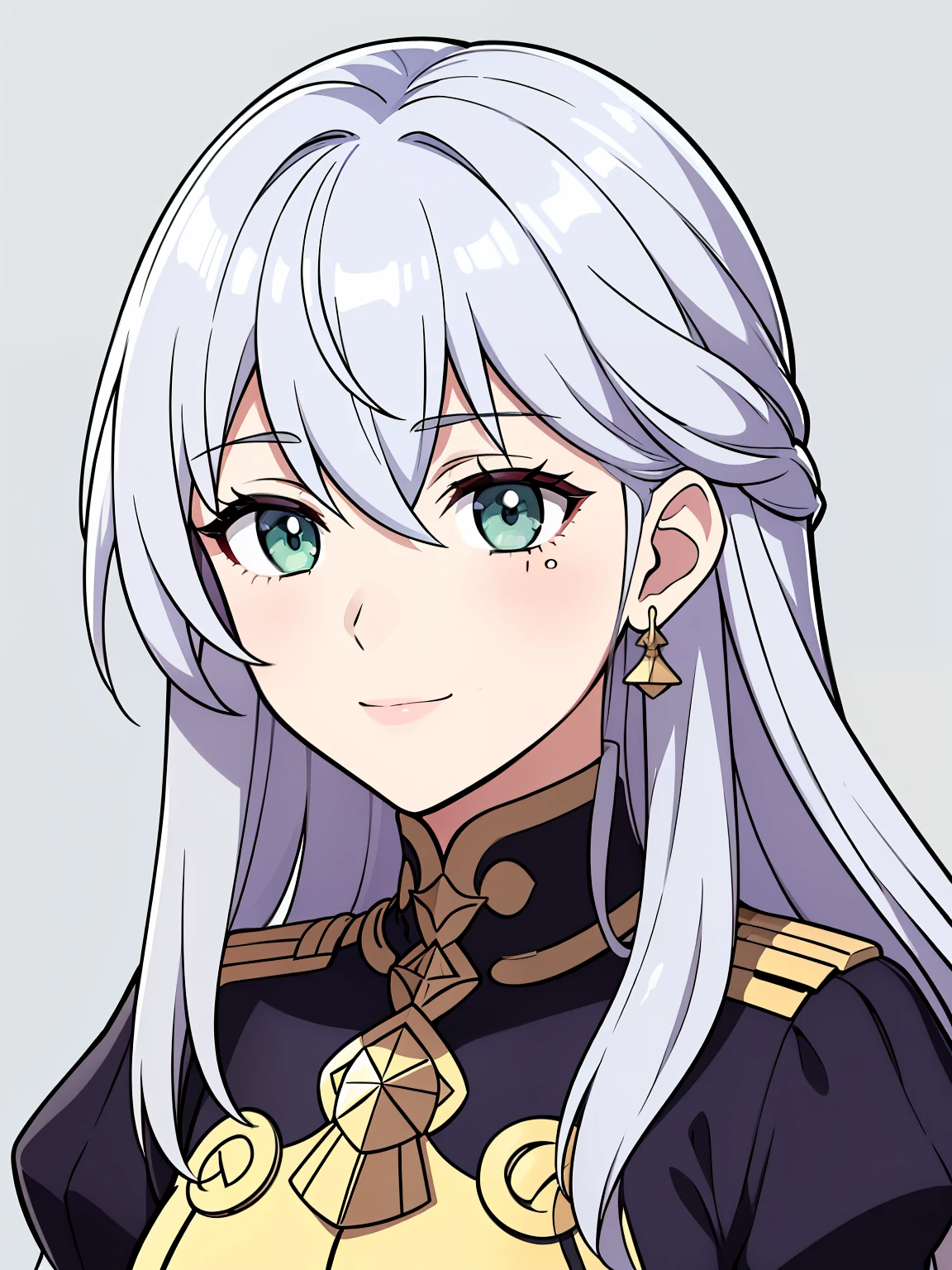 (high-quality, breathtaking),(expressive eyes, perfect face) 1girl, female, portrait, solo, young adult, neutral expression, cute smile, Symmetrical Eyes, Symmetrical ears, grey background, long hair, wavy spiky hair, fire emblem three houses art style, fe3h, white hair, green eyes, gmuniform, Garreg Mach Monastery Uniform
