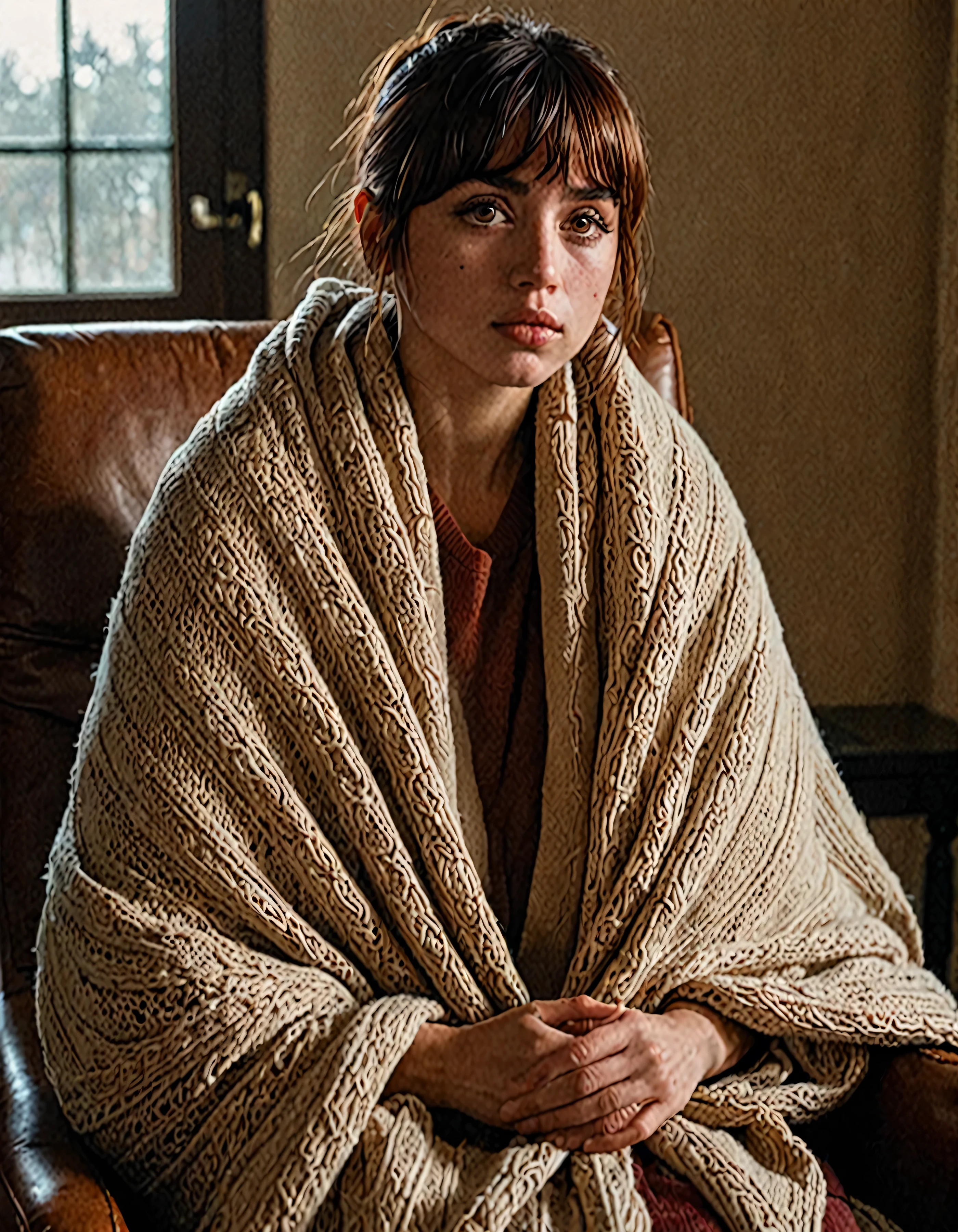 a j0i woman with bangs hairstyle, sitting in a chair, wrapped in a blanket, (best quality,4k,8k,highres,masterpiece:1.2),ultra-detailed,(realistic,photorealistic,photo-realistic:1.37),detailed facial features,detailed eyes and lips,highly detailed,intricate,dramatic lighting,dramatic shadows,soft warm colors,cinematic color palette,gorgeous composition,natural lighting,chiaroscuro,digital painting,elegant,serene,cozy atmosphere