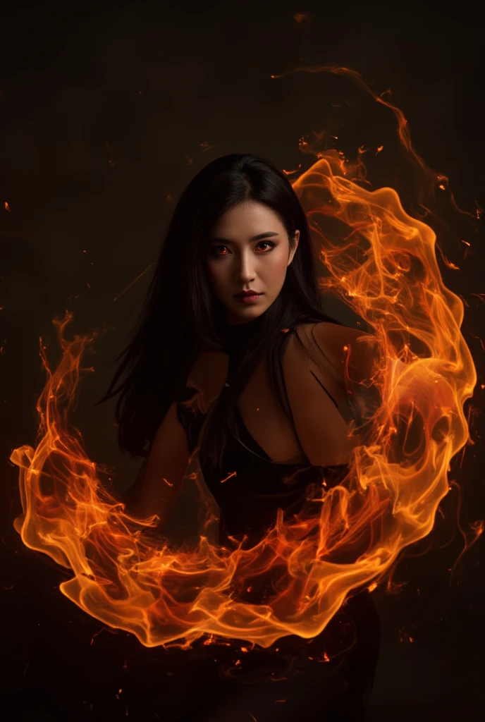 A very beautiful girl who plays the role of a witch whose eyes light red when the magic of fire is applied, Dark Stage , Magic Particles, Full body photography,  dynamic poses, Burning Flames,, , score_9,  score_8_up,  score_7_up,  score_6_up,, ,masterpiece,  best quality ,  intricate detail,