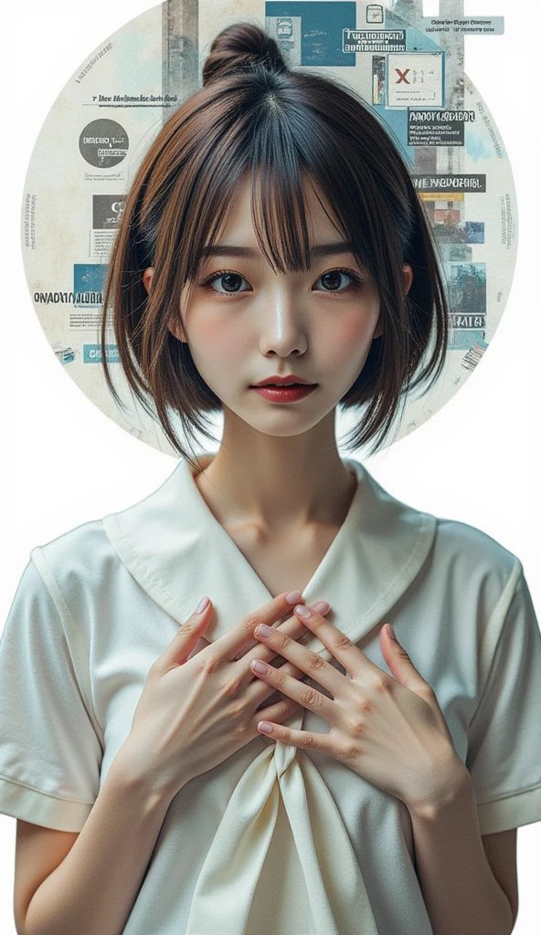 (最 High image quality ,  Details,masterpiece:1.2), RAW Photos, Realistic, 最 High image quality , masterpiece, 超 Details,  very cute, 8kwallpaper, Realistic,Female Cyborgのエントリーのマインドマップ, Outputs and Processors, Multiple exposure of painting and person,    Create a digital collage-like image where multiple elements overlap   , especially, The parts that make up her, (masterpiece:1.2, high quality,Milonish,   Logo drawing for a cinematic experience  , Realistic:2.0, RAW Photos:2.0, 非常に Details), 32K, wallpaper,  super high definition:1.5, Ultra  High image quality :1.5, (Representing blueprints with holograms:2.0), (Beautiful woman:2.0), Female Cyborg, (Female Cyborgの設計図:2.0), (Draw a back view:2.0), (Avant-garde design:2.0), ( Detailsな設計図を描く:2.0), (Numerous setting notes:2.0),   covering her chest with her hands  :1.21,   school uniform,   watch the viewers while looking down at the uniform :1.21, Short sleeve clothing,  White short-sleeved sailor uniform :1.21, sera fuku:1.21,   My upper body is wearing a uniform :1.21, navy skirt, Brown Hair,   chignon hair  , Symmetrical eyes, 非常に Detailsな目,  beautiful hair is fluttering in the wind, reflection, masterpiece, 32k UHD resolution,  High image quality ,   Professional Photography , positive,Simple book cover, On one side is her true self,   Her digital persona is on the other side   ,    The two are intertwined in programming languages It's connected on the web   ,    and it symbolizes the conflict between her true self and the influence of technology   ,   In the background、 A mix of calm and chaotic elements 。 ,  It expresses the contrasting emotions Ava experiences .,    lightly wraps around the edge of a web-segmented image in the programming language , Create a unified design  ,