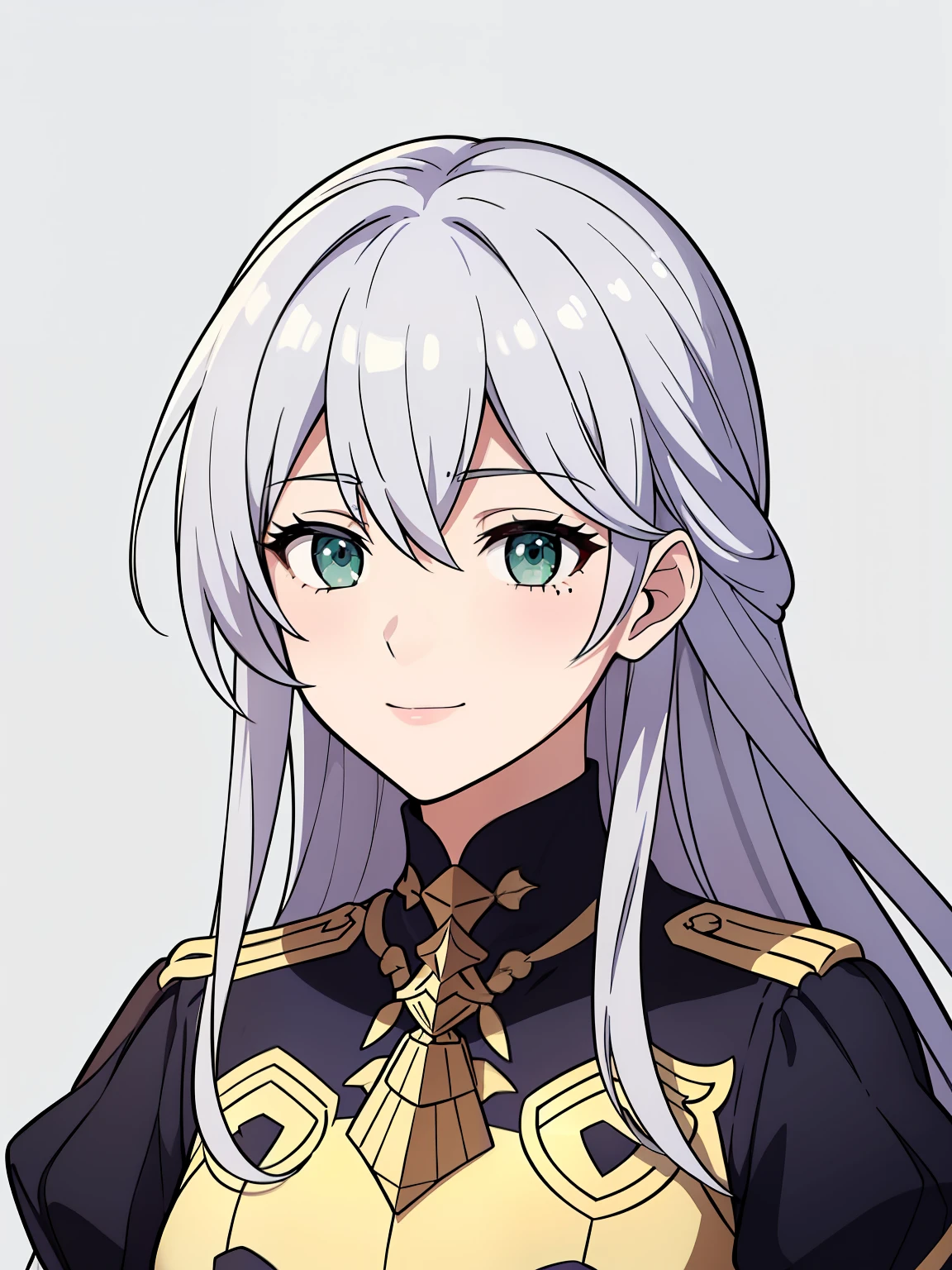 (high-quality, breathtaking),(expressive eyes, perfect face) 1girl, female, portrait, solo, young adult, neutral expression, cute smile, Symmetrical Eyes, Symmetrical ears, grey background, long hair, wavy spiky hair, fire emblem three houses art style, fe3h, white hair, green eyes, gmuniform, Garreg Mach Monastery Uniform
