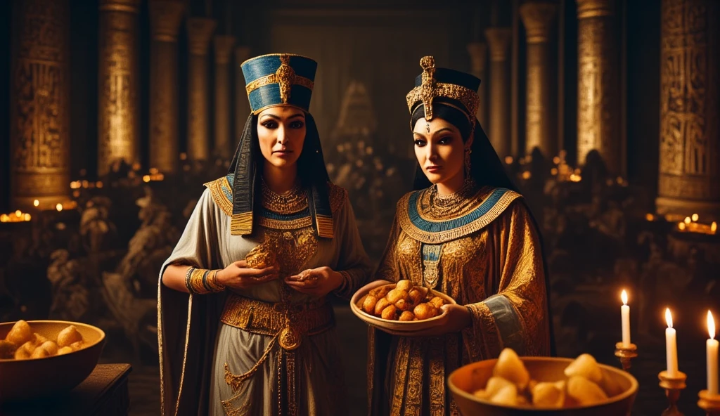 Long time ago in ancient Egypt, Hatshepsut and her mother in a ceremonial setting, with offerings being presented to the gods. The atmosphere is filled with reverence and tradition, showcasing the importance of their roles. Ancient style, historical style, movie themed, a vintage scene from the 1940s in the Mekong Delta, in the French colonial time, (masterpiece, best quality:1.5), ultra-realistic,32k, RAW photo,(high detailed skin:1.2), 8k UHD, DSLR, soft lighting, high quality, film grain, photorealistic,Vietnamese characters, (masterpiece,best quality:1.5) . shallow depth of field, vignette, highly detailed, high budget, bokeh, cinemascope, moody, epic, gorgeous, film grain, grainy