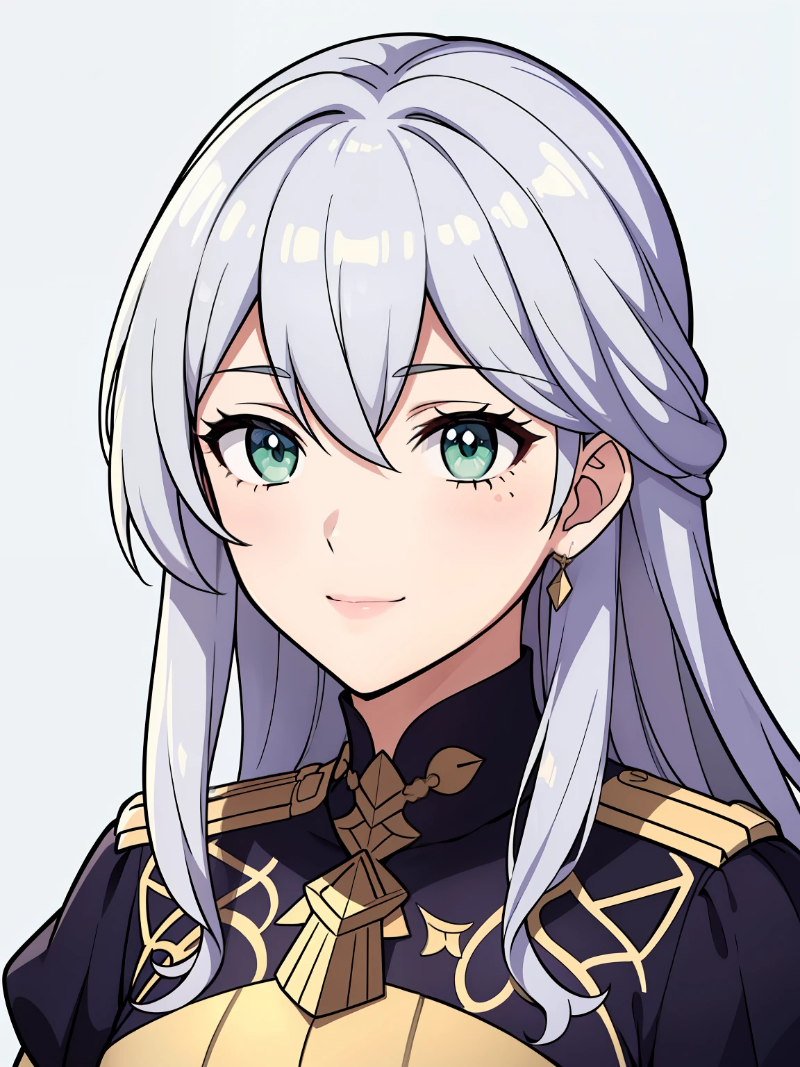 (high-quality, breathtaking),(expressive eyes, perfect face) 1girl, female, portrait, solo, young adult, neutral expression, cute smile, Symmetrical Eyes, Symmetrical ears, grey background, long hair, wavy spiky hair, fire emblem three houses art style, fe3h, white hair, green eyes, gmuniform, Garreg Mach Monastery Uniform
