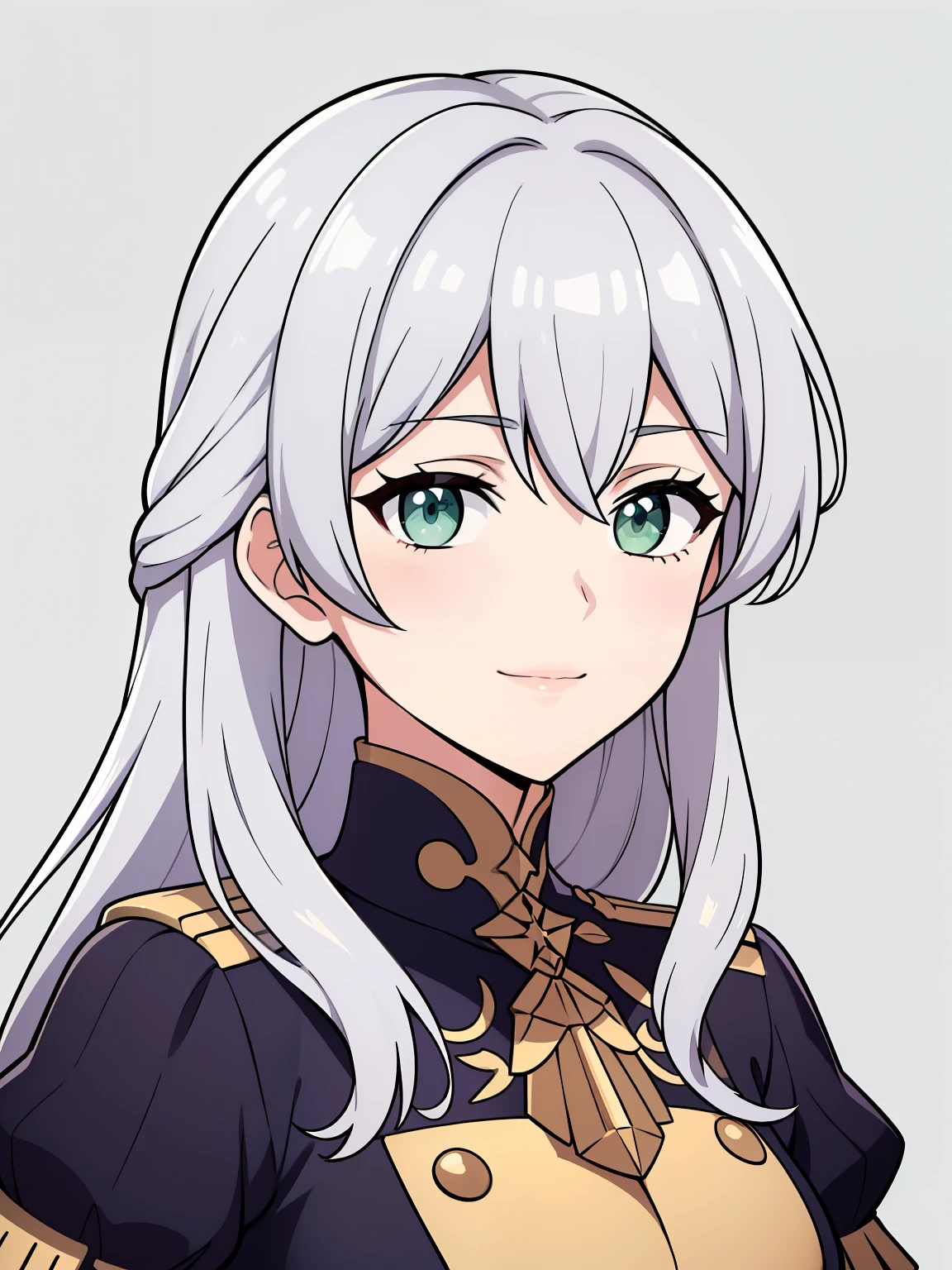 (high-quality, breathtaking),(expressive eyes, perfect face) 1girl, female, portrait, solo, young adult, neutral expression, cute smile, Symmetrical Eyes, Symmetrical ears, grey background, long hair, wavy spiky hair, fire emblem three houses art style, fe3h, white hair, green eyes, gmuniform, Garreg Mach Monastery Uniform
