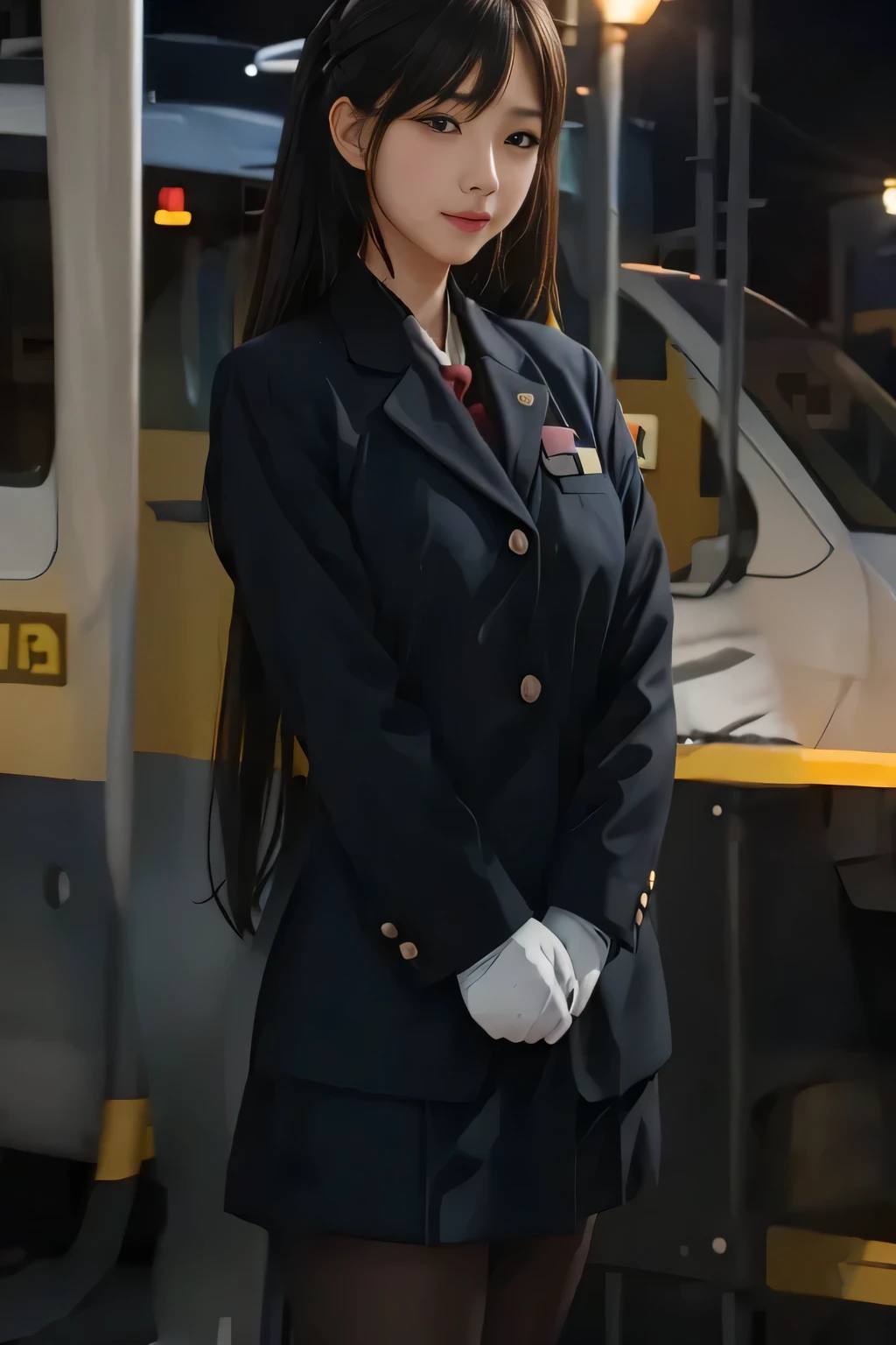 (masterpiece:1.2, Best Quality:1.2), 32K HDR,  Kampala, (Alone、 1 girl)、（Rooftop of a building during the day、 professional writing）、Building rooftop background、（JR woman train crew Uniform blackを着たリアルスタイル）、（ JR woman train crew uniform black black long sleeve jacket、、White blouse、Scarf on chest、JR woman train crew Uniform blackの黒の巻きキュロットスカート）、 dark brown hair throughout the church、（Hair tied up、 bun hair ）、 dark brown hair throughout the church、Long Hit、Big Breasts、Thin legs、（（Great hands：2.0）），（（Harmonious body proportions：1.5）），（（Normal limbs：2.0）），（（Usually refers to：2.0）），（（Delicate eyes：2.0）），（（Normal eyes：2.0））)、smile、（JR woman train crew Uniform blackの黒の巻きキュロットスカートを身につけた美しい姿）、Hands clasped underneath