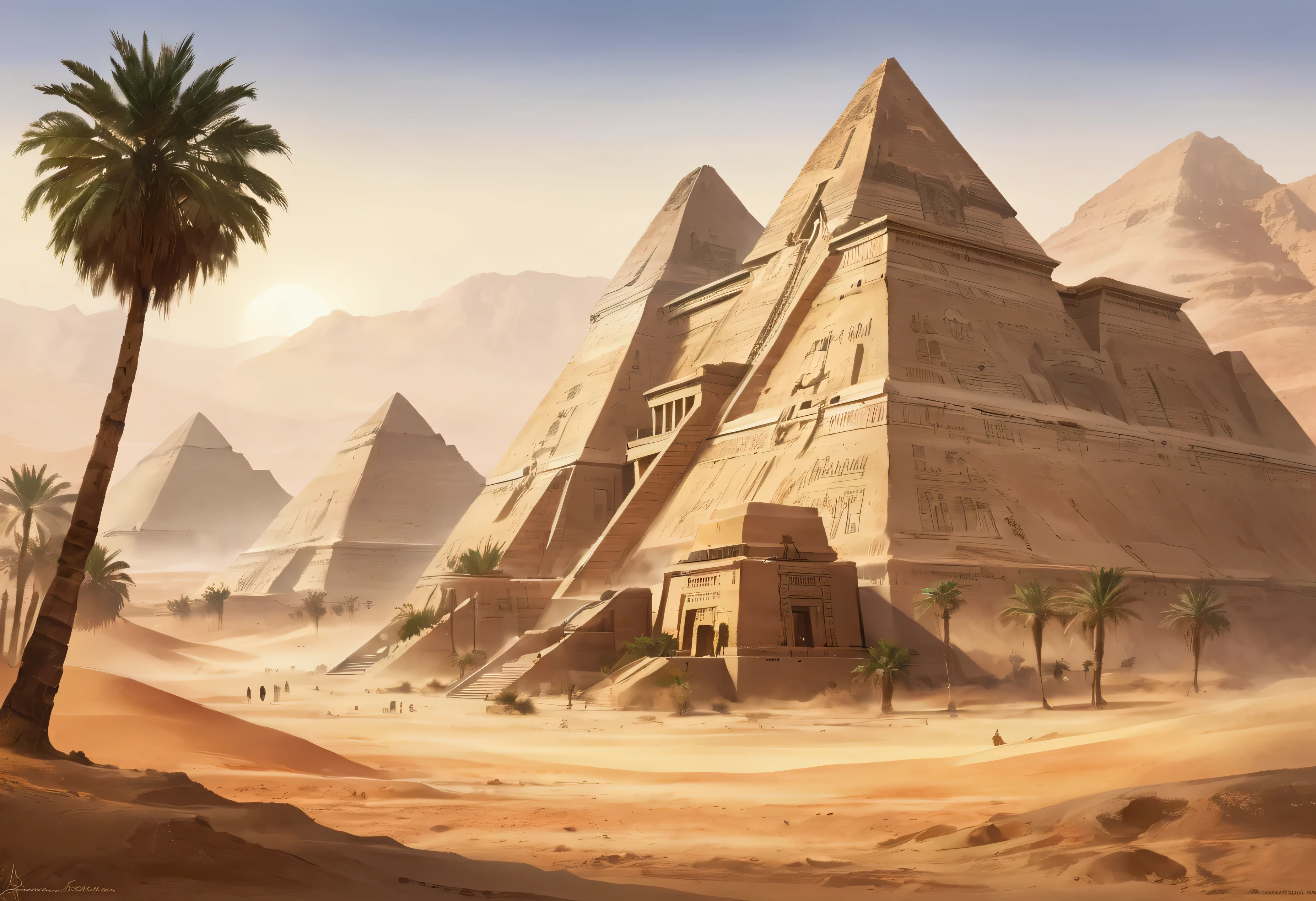 A watercolor painting depicting the ancient Egyptian kingdom, featuring grand architectural structures bathed in warm desert sunlight. The scene showcases towering pyramids, intricately carved temples, and monumental obelisks, all standing majestically against the backdrop of the clear, blue sky. The buildings are detailed with ancient hieroglyphs and adorned with faded colors, blending into the sandy landscape. Palm trees and flowing desert sands surround the structures, while the distant Nile River glimmers under the soft, flowing brushstrokes of the watercolor technique. The overall mood is peaceful, capturing the timeless beauty of Egypt's ancient architecture