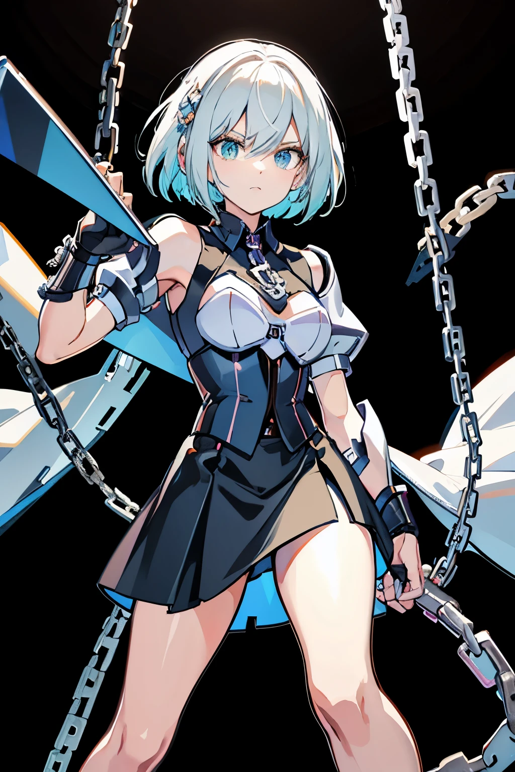 Android Girl,white hair,short and messy hair, purple neon eyes, Holding a chain whip,chains on the hands,chains action, chains around her arm, very cute, skirt, white blouse, cyberpunk theme
