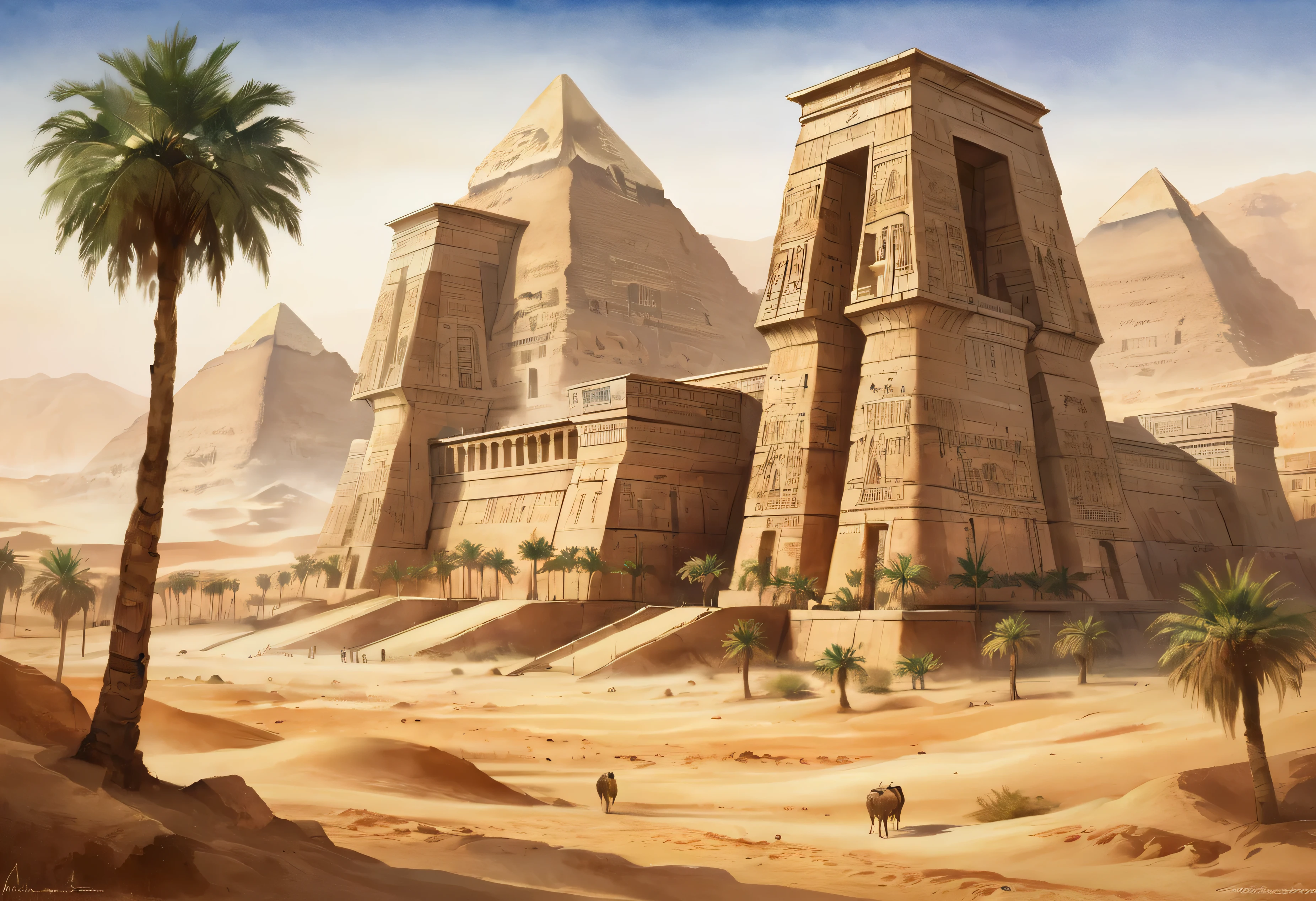 A watercolor painting depicting the ancient Egyptian kingdom, featuring grand architectural structures bathed in warm desert sunlight. The scene showcases towering pyramids, intricately carved temples, and monumental obelisks, all standing majestically against the backdrop of the clear, blue sky. The buildings are detailed with ancient hieroglyphs and adorned with faded colors, blending into the sandy landscape. Palm trees and flowing desert sands surround the structures, while the distant Nile River glimmers under the soft, flowing brushstrokes of the watercolor technique. The overall mood is peaceful, capturing the timeless beauty of Egypt's ancient architecture