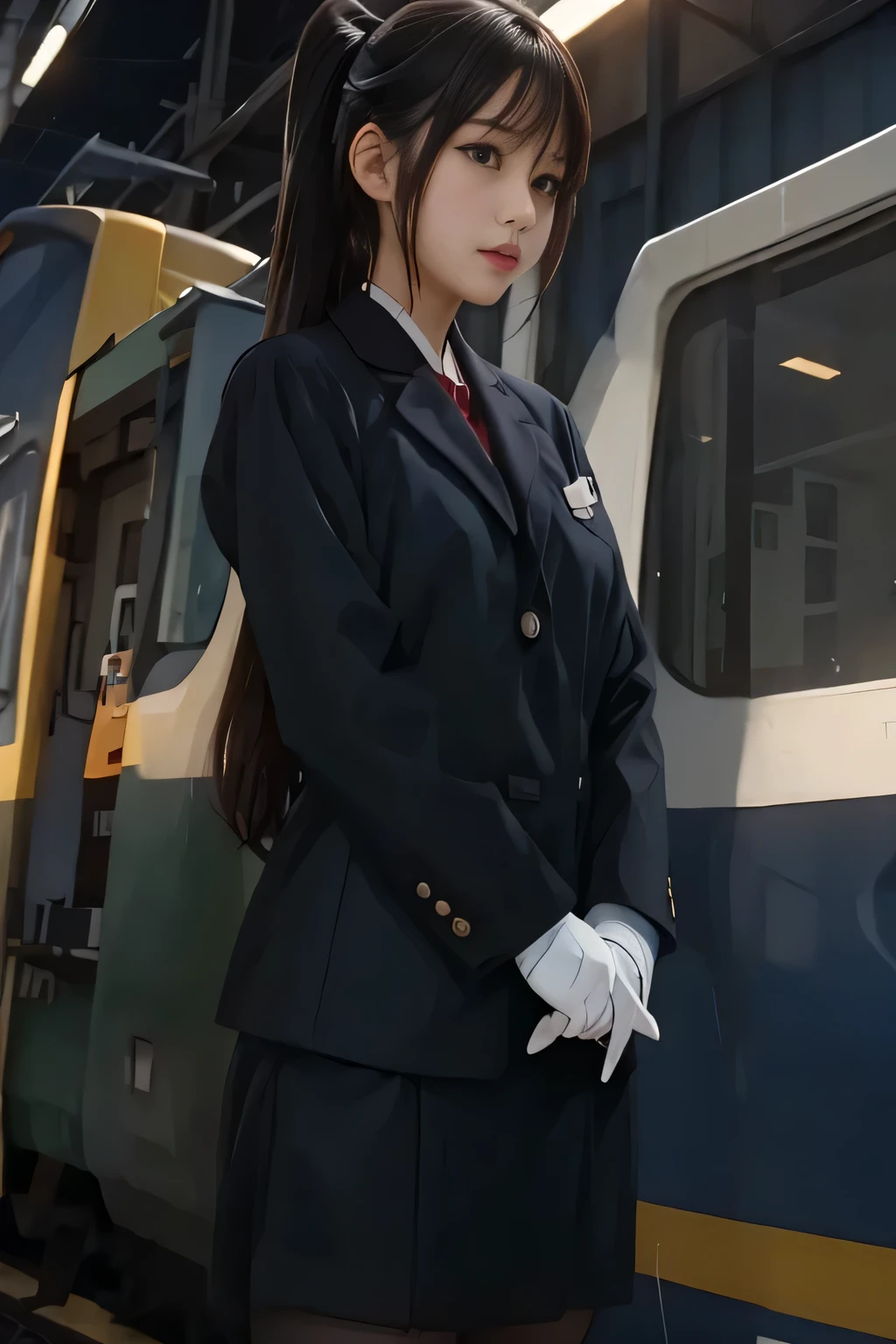 (masterpiece:1.2, Best Quality:1.2), 32K HDR,  Kampala, (Alone、 1 girl)、（Rooftop of a building during the day、 professional writing）、Building rooftop background、（JR woman train crew Uniform blackを着たリアルスタイル）、（ JR woman train crew uniform black black long sleeve jacket、、White blouse、Scarf on chest、JR woman train crew Uniform blackの黒の巻きキュロットスカート）、 dark brown hair throughout the church、（Hair tied up、 bun hair ）、 dark brown hair throughout the church、Long Hit、Big Breasts、Thin legs、（（Great hands：2.0）），（（Harmonious body proportions：1.5）），（（Normal limbs：2.0）），（（Usually refers to：2.0）），（（Delicate eyes：2.0）），（（Normal eyes：2.0））)、smile、（JR woman train crew Uniform blackの黒の巻きキュロットスカートを身につけた美しい姿）、Hands clasped underneath