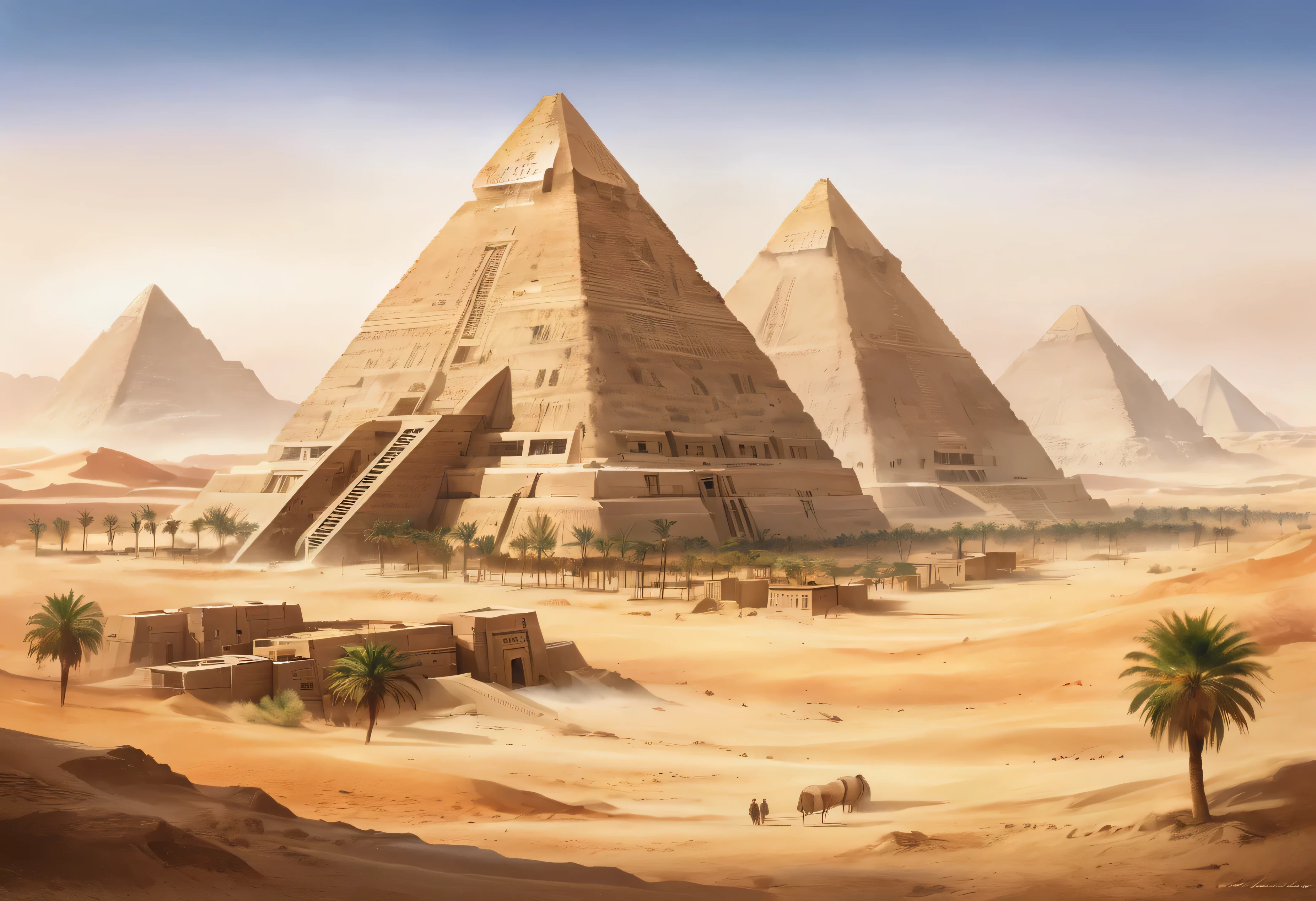 A watercolor painting depicting the ancient Egyptian kingdom, featuring grand architectural structures bathed in warm desert sunlight. The scene showcases towering pyramids, intricately carved temples, and monumental obelisks, all standing majestically against the backdrop of the clear, blue sky. The buildings are detailed with ancient hieroglyphs and adorned with faded colors, blending into the sandy landscape. Palm trees and flowing desert sands surround the structures, while the distant Nile River glimmers under the soft, flowing brushstrokes of the watercolor technique. The overall mood is peaceful, capturing the timeless beauty of Egypt's ancient architecture