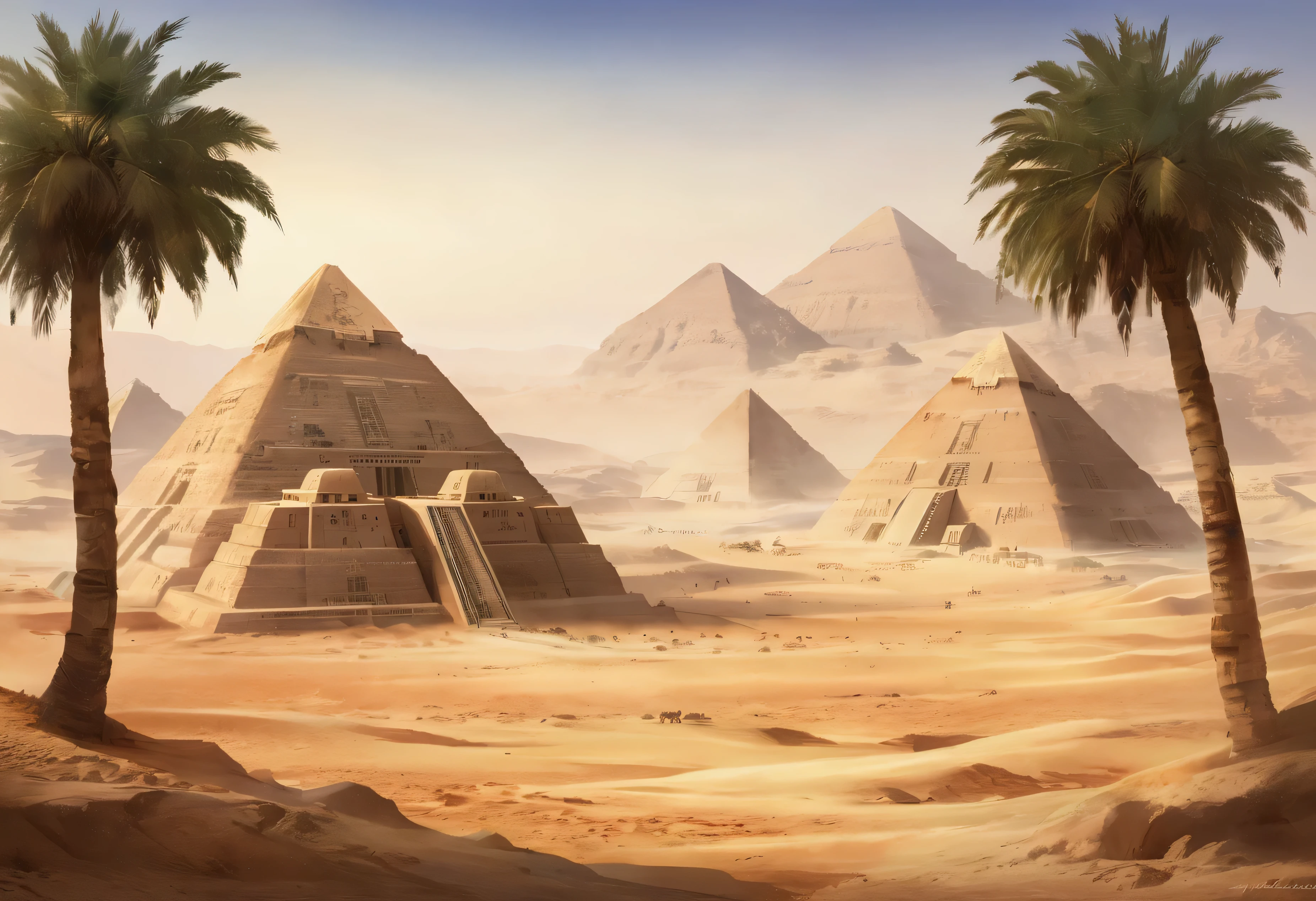 A watercolor painting depicting the ancient Egyptian kingdom, featuring grand architectural structures bathed in warm desert sunlight. The scene showcases towering pyramids, intricately carved temples, and monumental obelisks, all standing majestically against the backdrop of the clear, blue sky. The buildings are detailed with ancient hieroglyphs and adorned with faded colors, blending into the sandy landscape. Palm trees and flowing desert sands surround the structures, while the distant Nile River glimmers under the soft, flowing brushstrokes of the watercolor technique. The overall mood is peaceful, capturing the timeless beauty of Egypt's ancient architecture