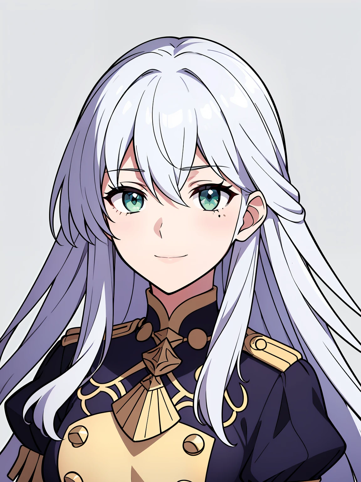 (high-quality, breathtaking),(expressive eyes, perfect face) 1girl, female, portrait, solo, young adult, neutral expression, cute smile, Symmetrical Eyes, Symmetrical ears, grey background, long hair, wavy spiky hair, fire emblem three houses art style, fe3h, white hair, green eyes, gmuniform, Garreg Mach Monastery Uniform
