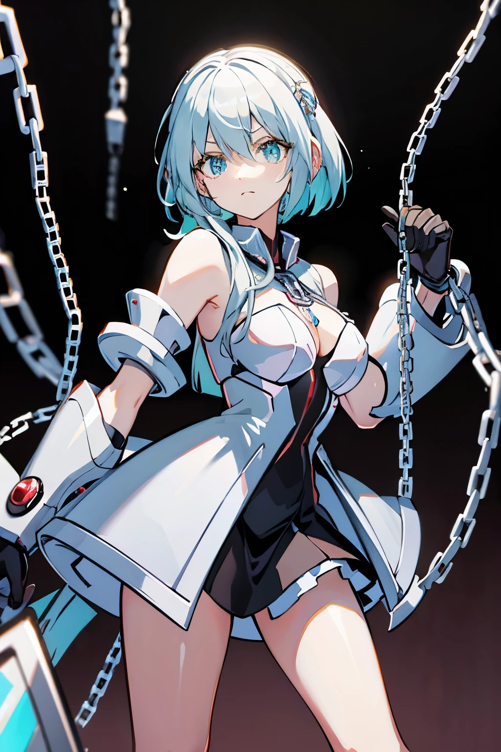 Android Girl,white hair,short and messy hair, purple neon eyes, Holding a chain whip,chains on the hands,chains action, chains around her arm, very cute, skirt, white blouse, cyberpunk theme