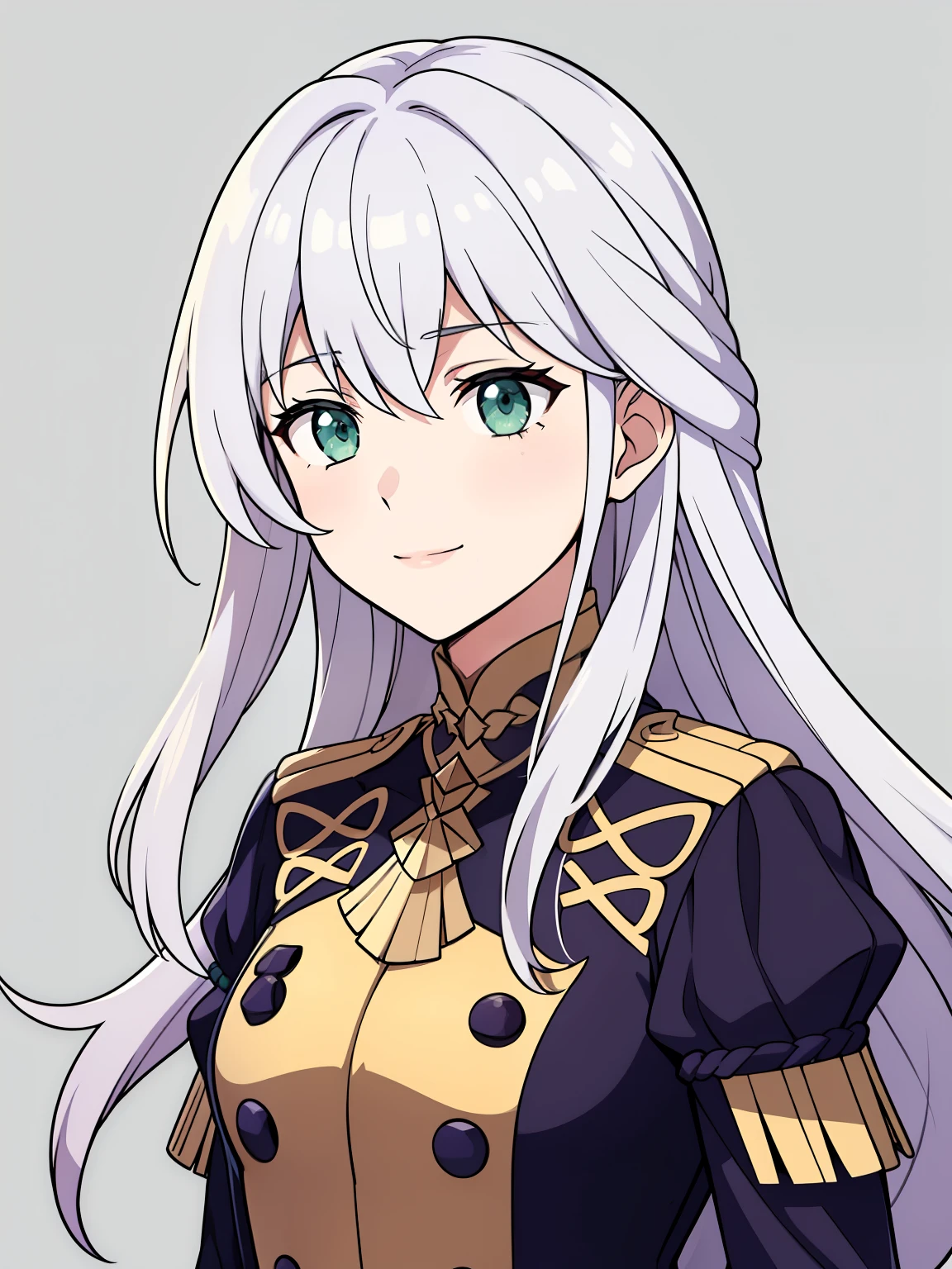 (high-quality, breathtaking),(expressive eyes, perfect face) 1girl, female, portrait, solo, young adult, neutral expression, cute smile, Symmetrical Eyes, Symmetrical ears, grey background, long hair, wavy spiky hair, fire emblem three houses art style, fe3h, white hair, green eyes, gmuniform, Garreg Mach Monastery Uniform
