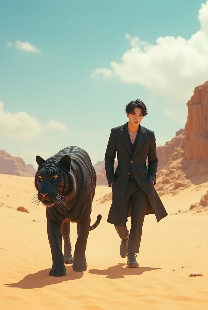 Jeon Jungkook walking in the desert next to a black tiger