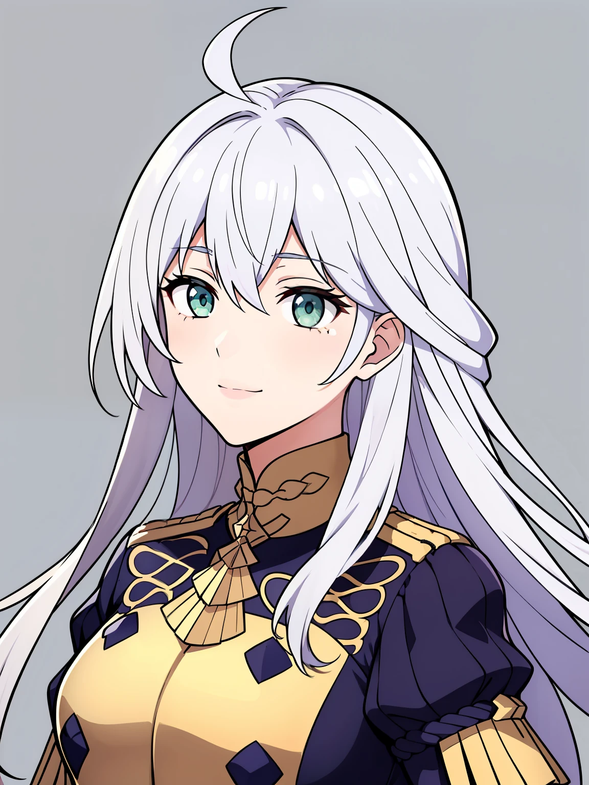 (high-quality, breathtaking),(expressive eyes, perfect face) 1girl, female, portrait, solo, young adult, neutral expression, cute smile, Symmetrical Eyes, Symmetrical ears, grey background, long hair, wavy spiky hair, fire emblem three houses art style, fe3h, white hair, green eyes, gmuniform, Garreg Mach Monastery Uniform
