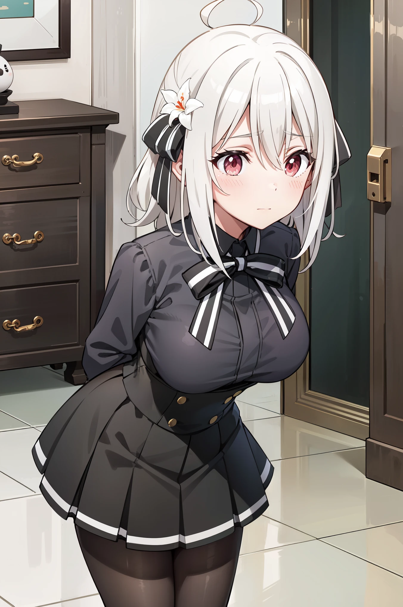 lily, lily_olis, perfect face, thighs, breasts, white hair, hair between eyes, hair ribbon, red eyes, black shirt, high-waist skirt, skirt, black skirt, bowtie, boots, black ribbon, neck ribbon, striped bow, black and white bow, pantyhose, blush, indoor, Antique furniture, Arms folded behind back, Leaning forward, shy, blush, closed mouth, cowboy shot, best quality, UHD