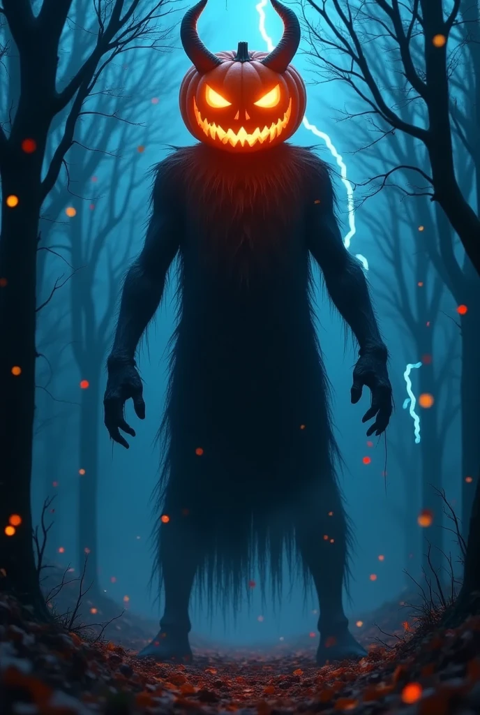 a scary jack-o-lantern monster, horns of a demon, countless lightning bolts crackling, bare twisted trees, colorful confetti, haunting, dark, moody, (best quality,4k,8k,highres,masterpiece:1.2),ultra-detailed,(realistic,photorealistic,photo-realistic:1.37),horror,dark fantasy,dramatic lighting,vibrant colors,cinematic